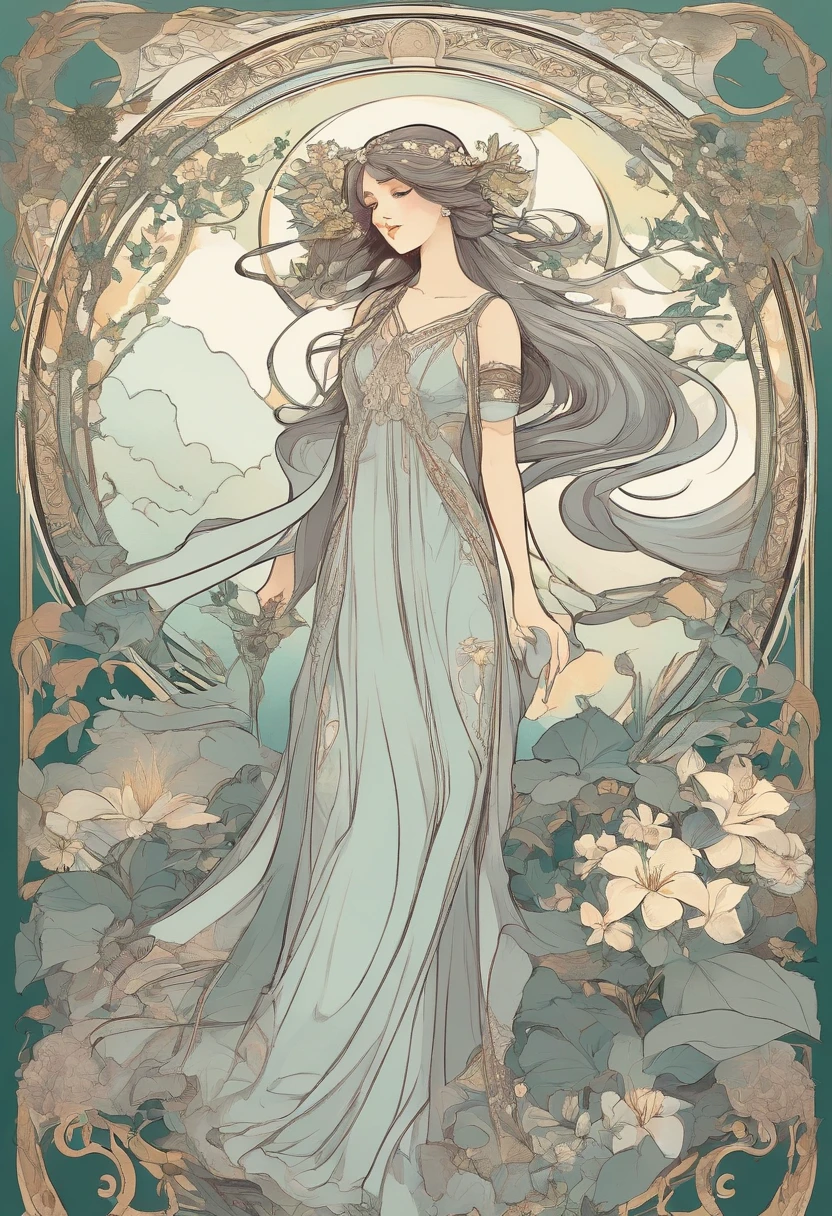 Poster illustration in Alphonse Mucha style, Flat painting, Hatsune Miku wearing a pale gray ankle-length long dress,Have a bouquet of white lilies,Full body like,slenderbody,Barefoot,Art Nouveau, Plants in the background, nffsw, masutepiece, Alfonse Mucha, high details