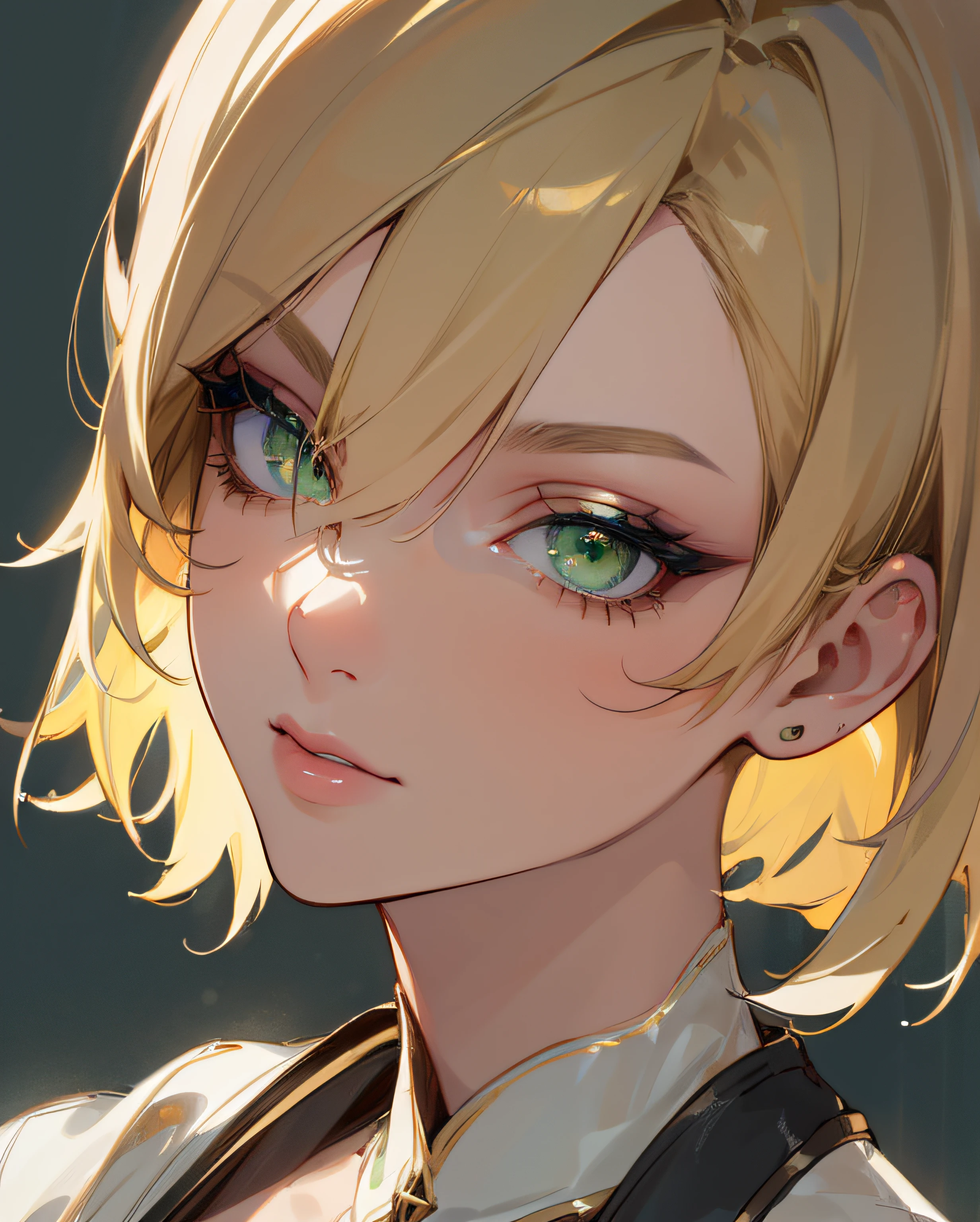 (Detailed Lights, Detailed Shadows), 1Woman, Blonde, ((Detailed Eyes)), Close-up, Portrait, (Green Eyes), Extremely Detailed Clothes, ((Modern Clothes)), Beautiful Hair, Muscular, Hair Down, Extremely Detailed Background, Beautiful Background, (Short Hair), MakeUp