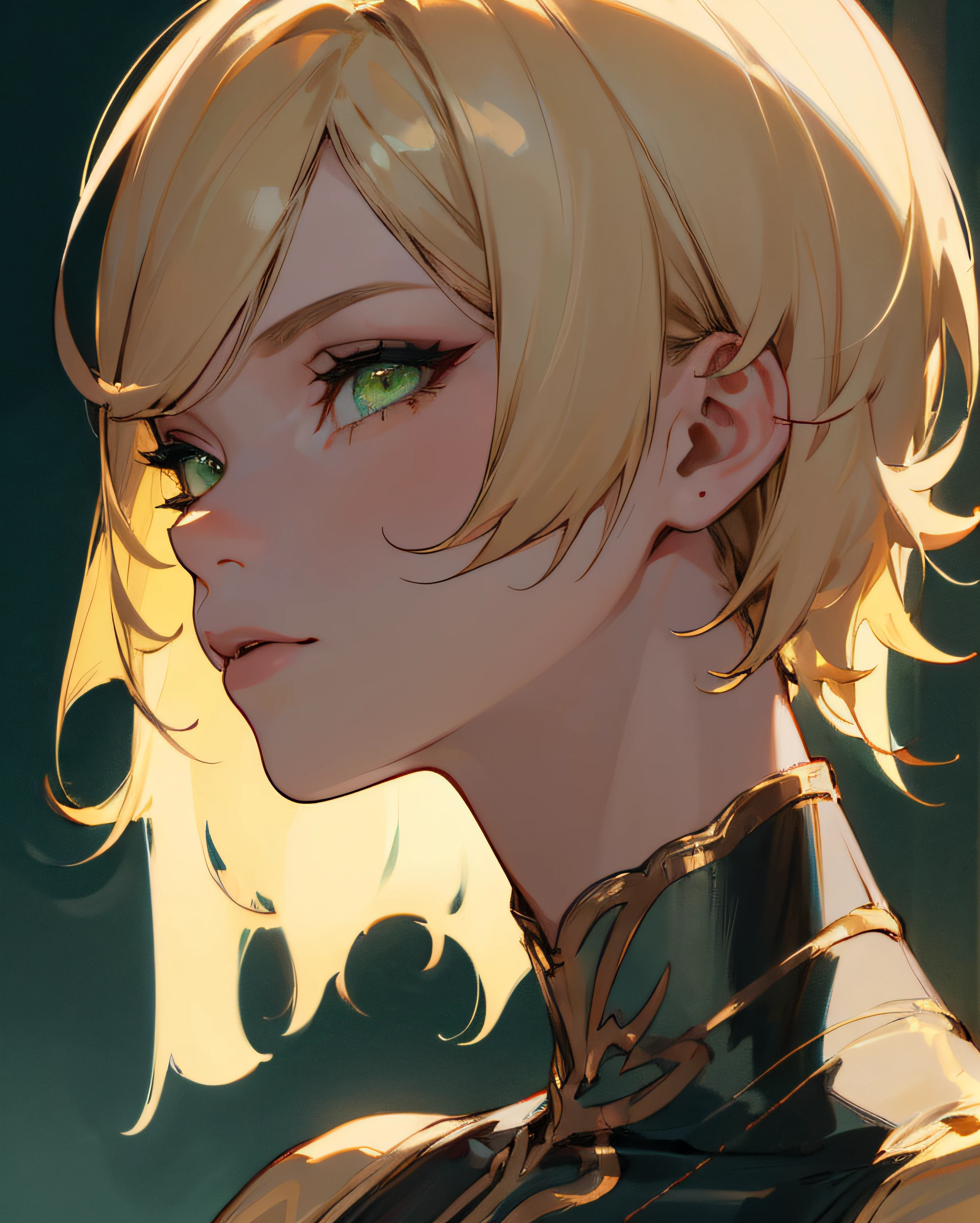 (Detailed Lights, Detailed Shadows), 1Woman, Blonde, ((Detailed Eyes)), Close-up, Portrait, (Green Eyes), Extremely Detailed Clothes, ((Modern Clothes)), Beautiful Hair, Muscular, Hair Down, Extremely Detailed Background, Beautiful Background, (Short Hair), MakeUp
