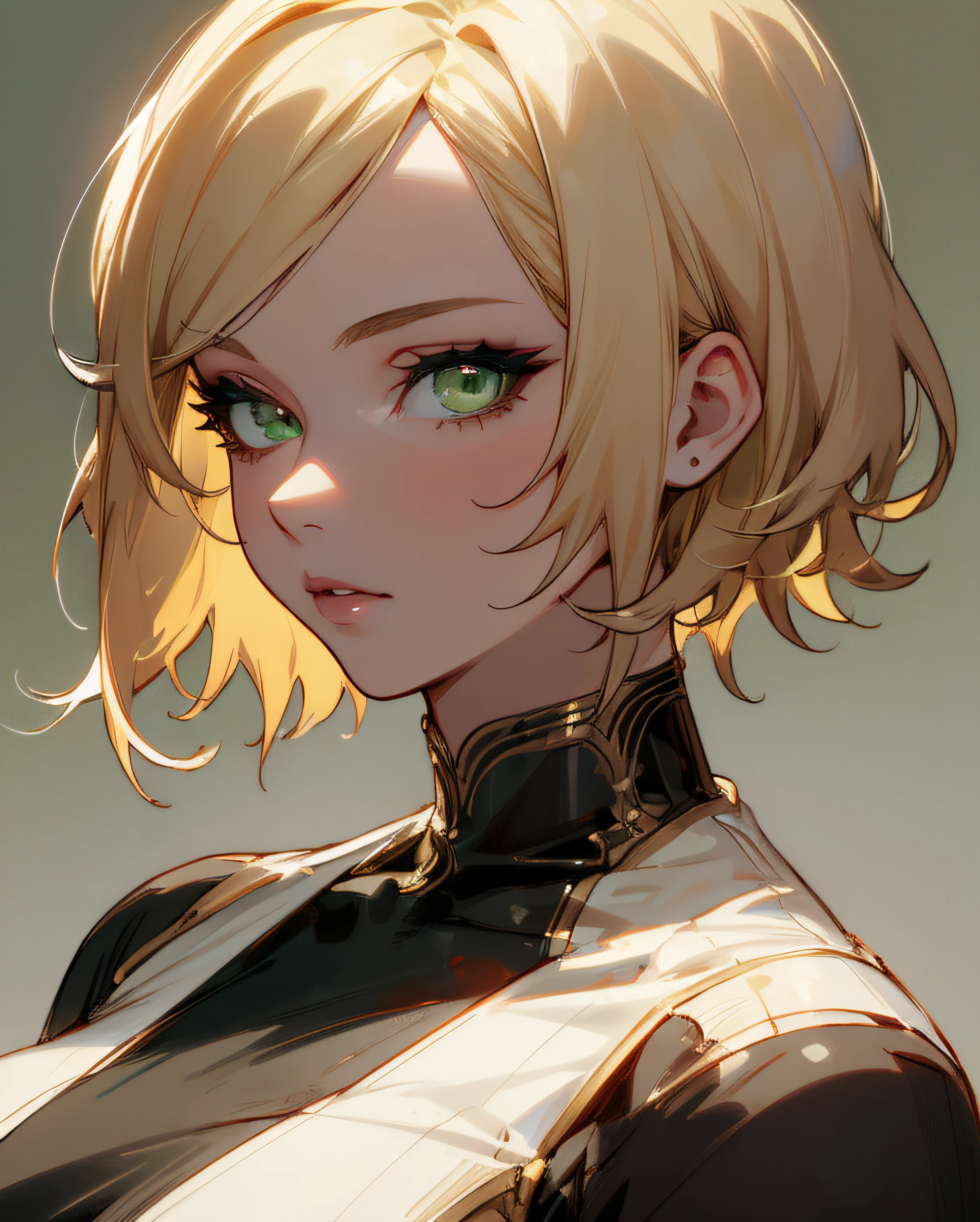 (Detailed Lights, Detailed Shadows), 1Woman, Blonde, ((Detailed Eyes)), Close-up, Portrait, (Green Eyes), Extremely Detailed Clothes, ((Modern Clothes)), Beautiful Hair, Muscular, Hair Down, Extremely Detailed Background, Beautiful Background, (Short Hair), MakeUp