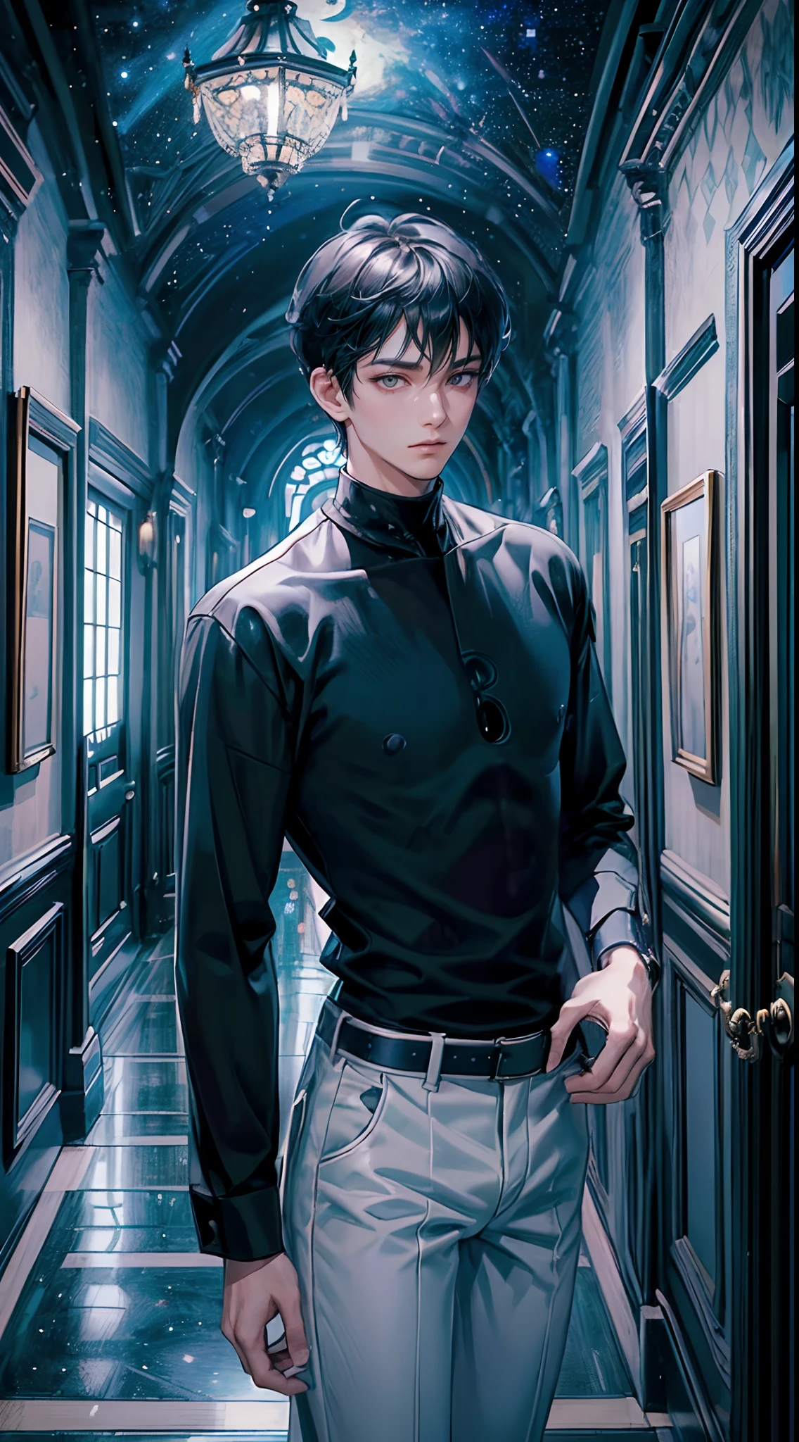 ((4K works))、​masterpiece、(top-quality)、One Beautiful Boy、Slim body、tall、((Black Y-shirt and white pants、Charming street style))、(Detailed beautiful eyes)、In the English corridor、Castle inhabited by villains、Black shop window、Corridor at night、((You can see the starry sky from the window))、((dark sky))、((English corridors))、((Shot in a corridor in England))、mid night、((Short-haired black hair))、((Smaller face))、((Neutral face))、((White eyes))、((American adult male))、((Adult male 26 years old))、((Cool Men))、((Like a celebrity))、((Gentle look))、((Korean Makeup))、((elongated and sharp eyes))、((Happy dating))、((boyish))、((Upper body photography))、Professional Photos、((Shot alone))、((Shot from diagonally in front))、((Shot in close proximity to him))、((Focus zoom in))、((He is standing in the hallway))