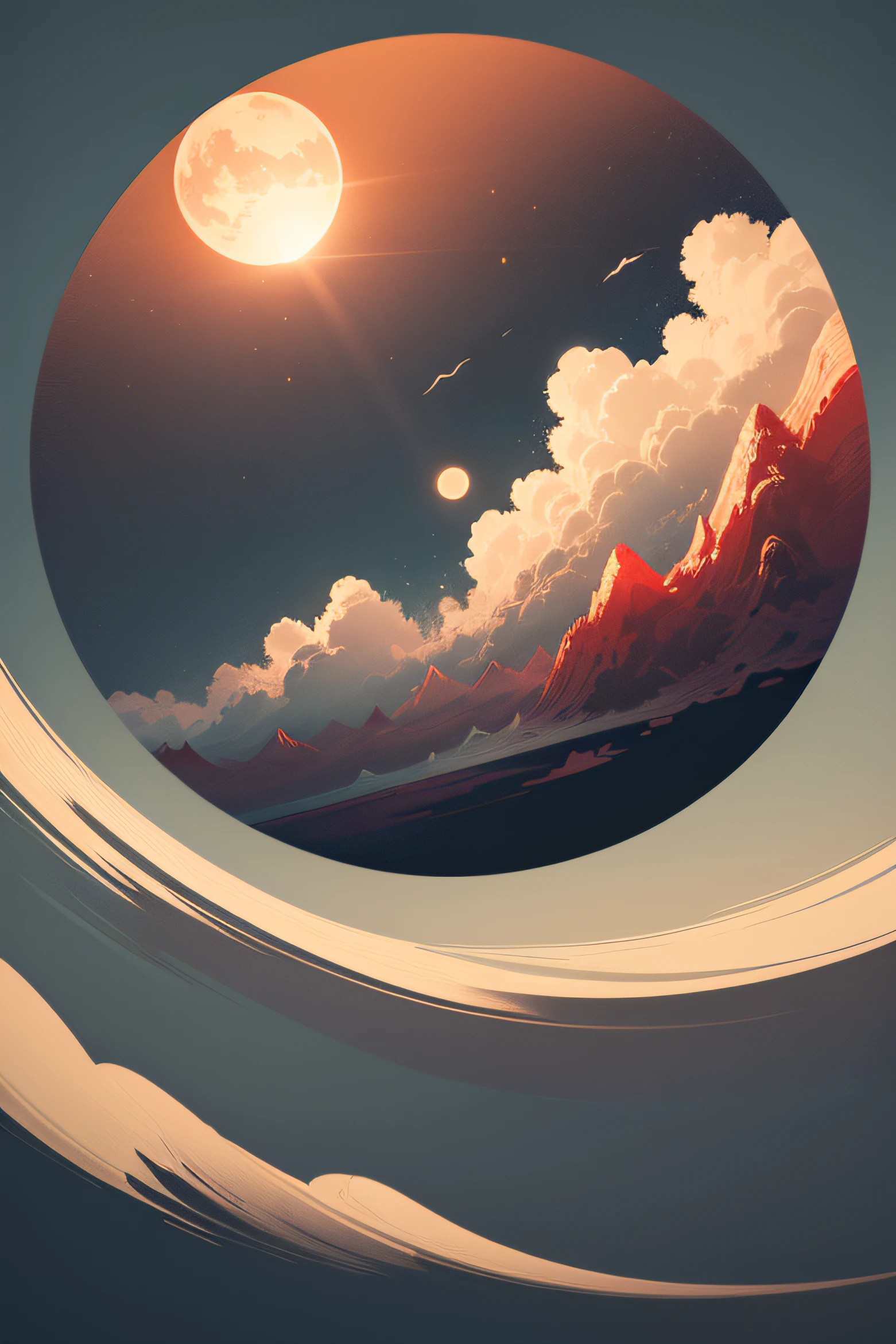 A detailed illustration muted chinese ink painting, muted colors, rice paper texture, splash paint, halo cowboy, one red sun. Venus. Space. Clouds wet to wet techniques. cvibrant vector. using Cinema 4D