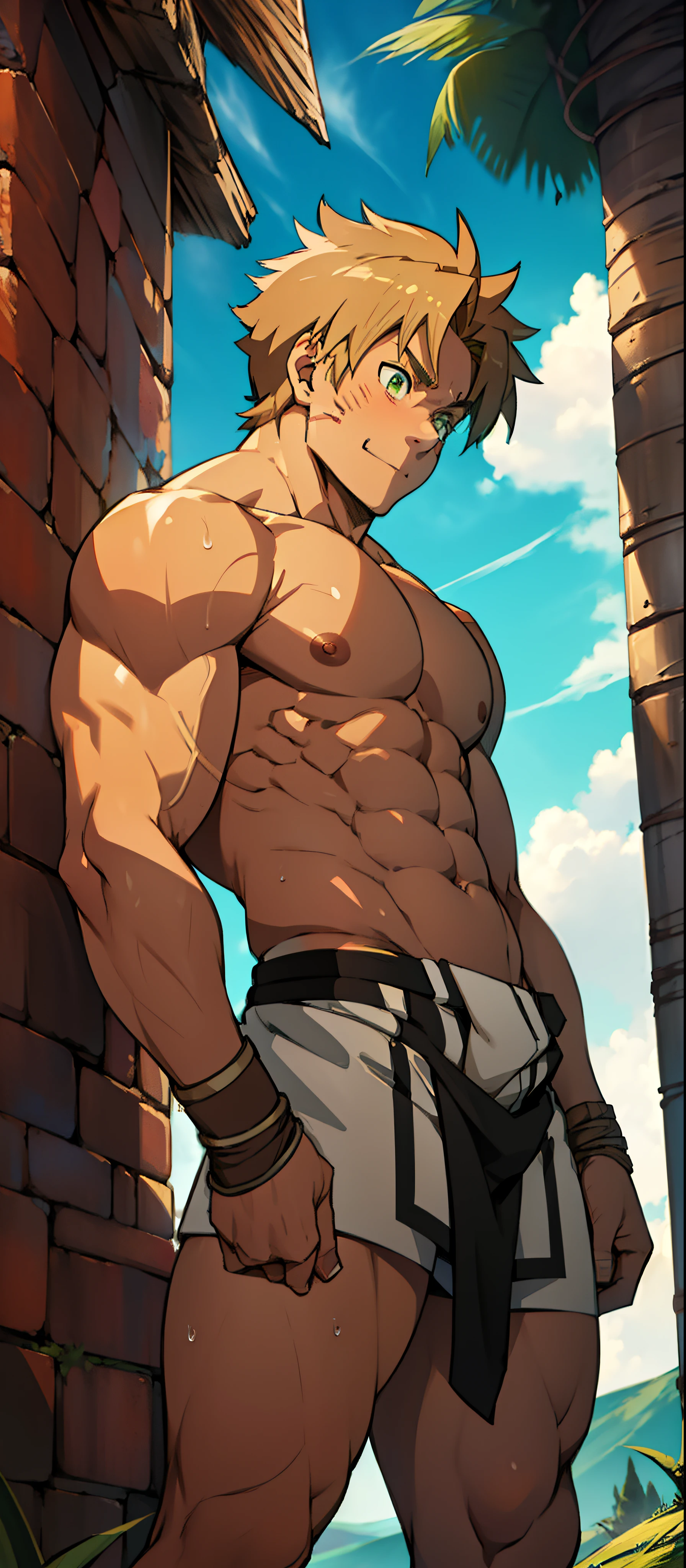 red skin, bright red skin, the boy blushed shyly , rosy skin, shiny skin(muscular thigh muscles )(Naruto anime style, art) (photo angle from bottom up) (photo angle from the ground upwards) [Anime photo][highest quality photo][4k,HD photo quality ] wear tight and short loincloths ,the loincloth bulges due to the erect male genitals (muscular thigh muscles, firm thigh muscles, muscular thigh muscles, sinewy thigh muscles, giant thigh muscles, strong leg muscles, muscular hamstring leg muscles)(thigh muscles bulging as if about to explode, muscular, calloused, sinewy, giant) , Rudeus Greyrat, shy, pondering, thinking, pensive, tired, bodybuilder,bodybuilding, standing, lots of sweat flowing down, topless, shirtless, hot sunny, 8 pack abs , short hair , green eyes