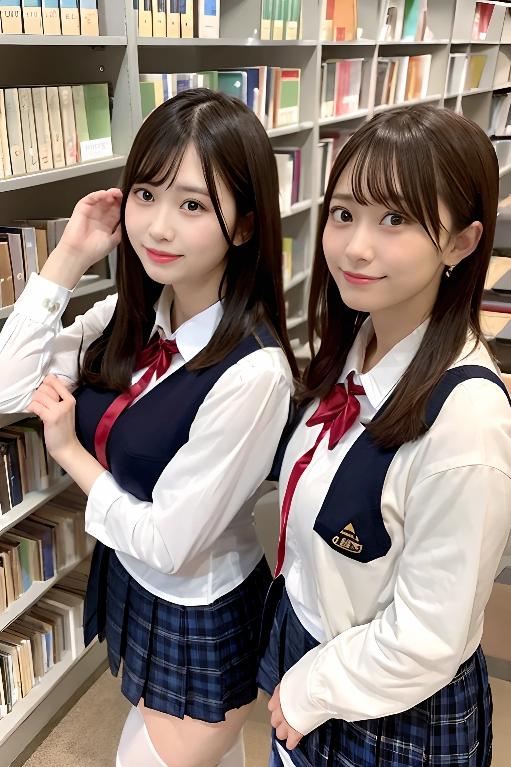 Two big and G cup women are looking at me 22year old japanes Height 145 cm Wearing a school uniform Being between the bookshelves in the library