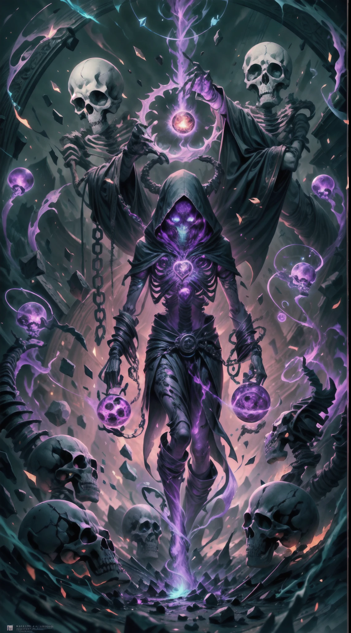 a dark runic skeleton lich, black gold skeleton, magical void energy, glowing eyes, death lightning, death energy ball floating on it's skelly hand, casting a spell, skeleton bones hand,energy cracking, bone hand, dressed in a luxury cloak, astral skulls floating around, earth and rock floating with energy as the lich hold, Detailed glowing runic line floating around, bones and skulls lays on the ground, dark purple energy, floating in the air, energy chain, magic circle on the ground,,Detailed,Realistic,4k highly detailed digital art,octane render, bioluminescent, 8K resolution concept art, realism,by Mappa studios,masterpiece,best quality,official art,illustration,ligne claire,(cool_color),perfect composition,absurdres, fantasy,focused,rule of third