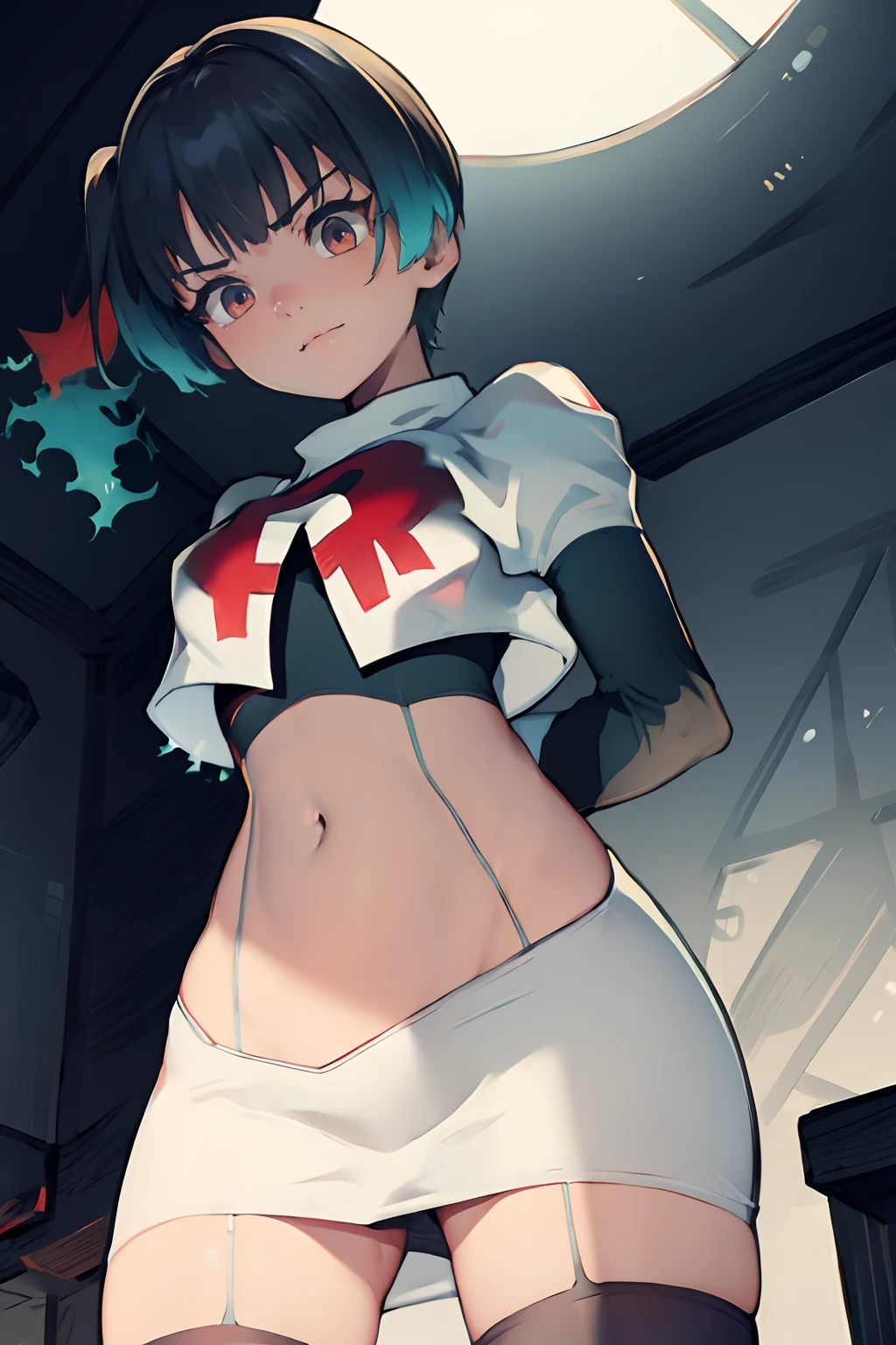 sena,team rocket,team rocket uniform, red letter R, white skirt,white crop top,black thigh-highs,black elbow gloves, sinister villianess look , looking down on viewer