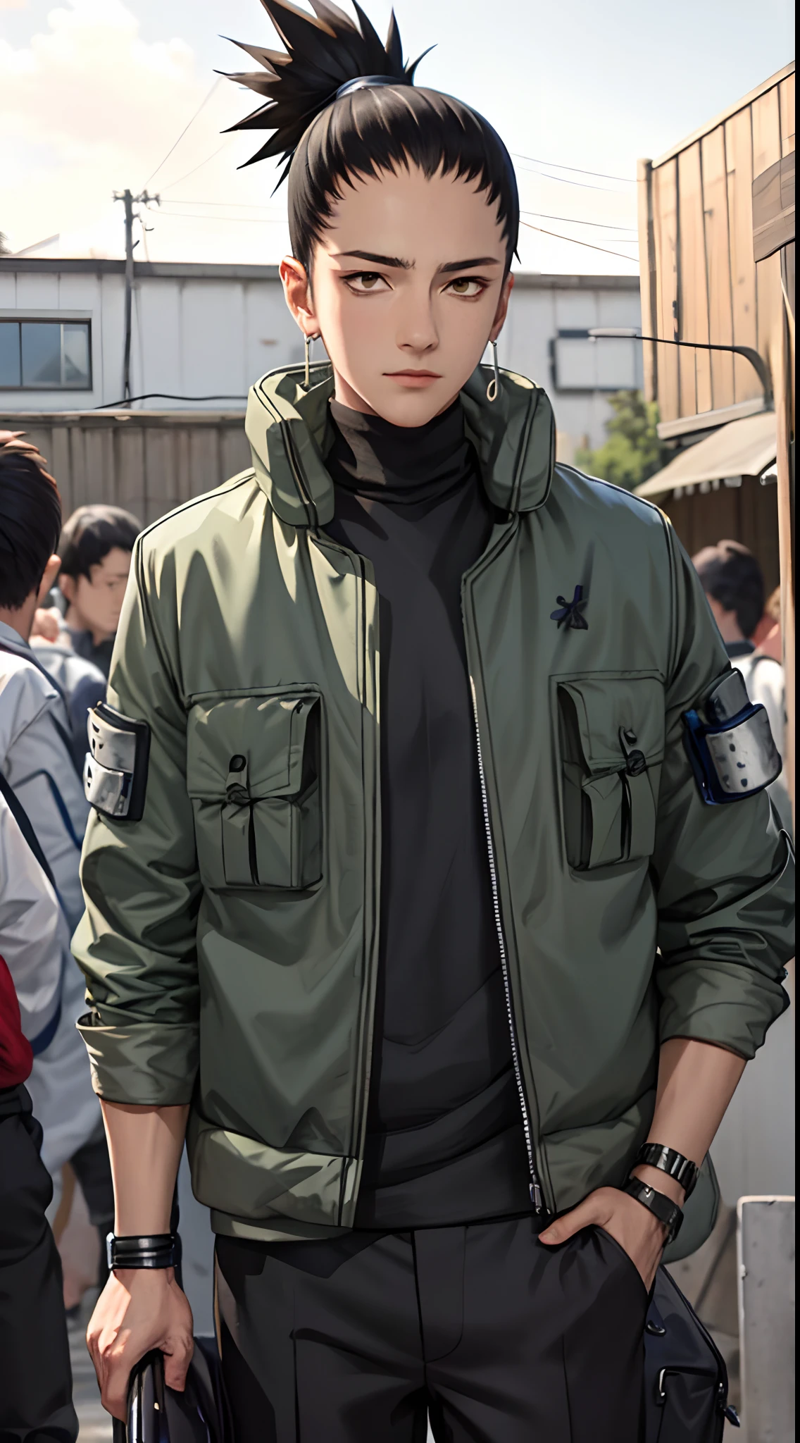 Masterpiece, 1boy, Superb Style, Streetwear chothes, Outdoor, Upper Body, Shikamaru nara, bright eyes, black hair, cool boy