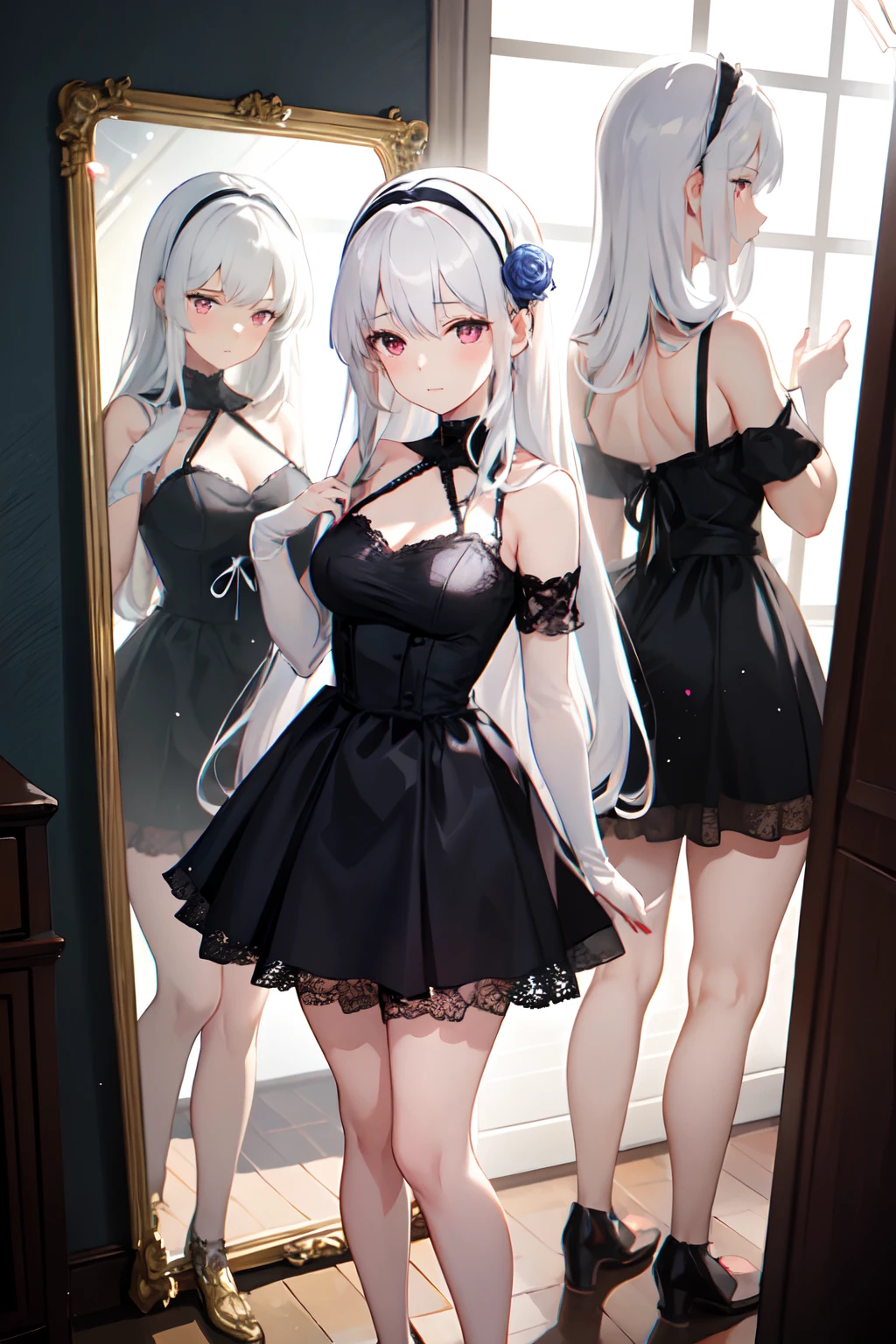 1girl with white hair and rose pink eyes wearing a Peignoir With Lace, standing, and her knees are close together. The point of view is from the front, emphasizing her thick thighs. no emotional face, The scene is enhanced by light particles and rays. backround no Mounth no clouds only mirror place, anime,