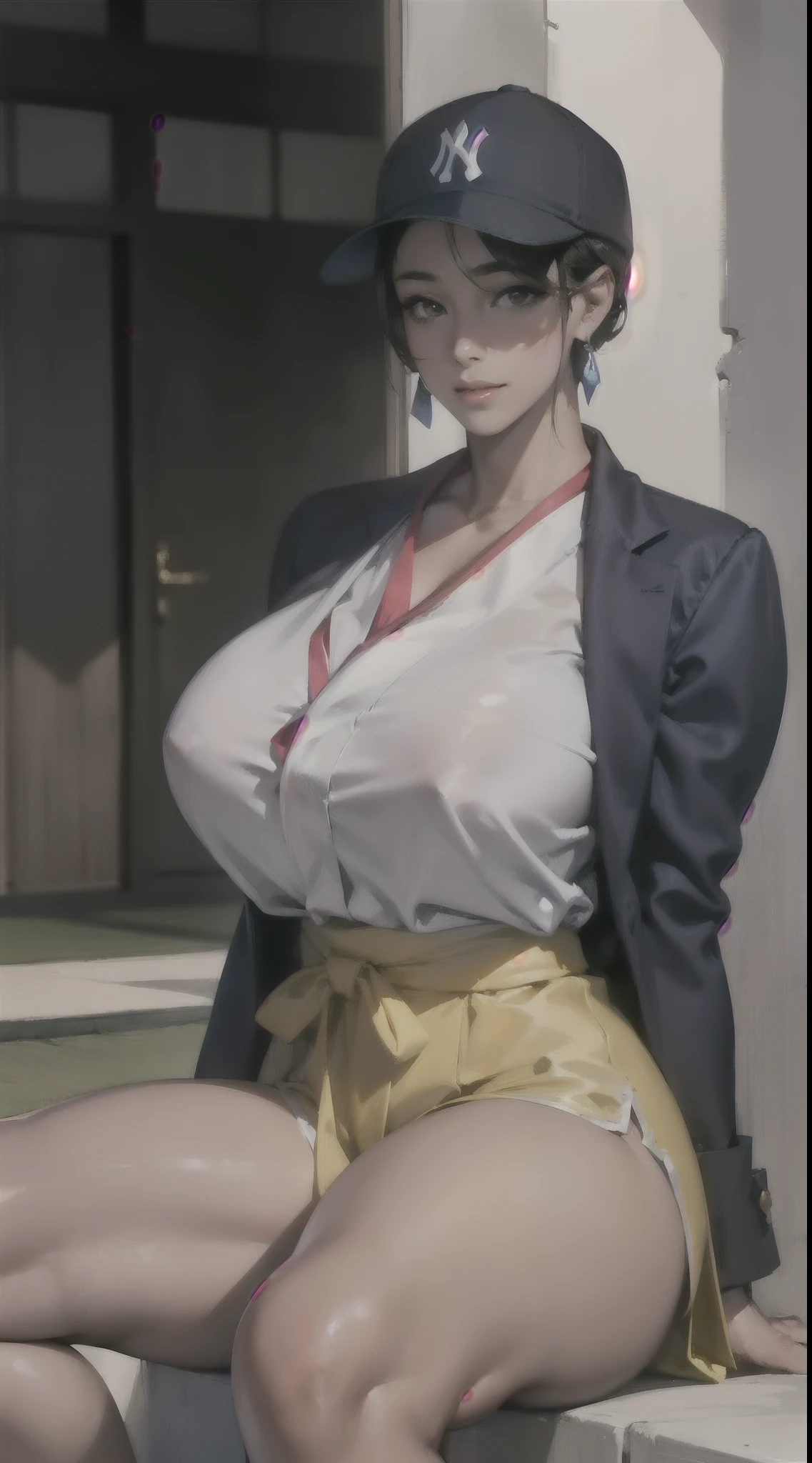 (1 realistic gentleman), (From the bottom up), staring at viewer, masterpiece, vibrant colors, shadows, In the parking lot at night, effeminine, A white shirt wraps around the upper body，Blue-black blazer， slim waist, big hips, wide hips, large butt, young, tan, female, slim，legs are open，Sit，focuses on the lower body，bare-feet，(((Very MILF fat leg shape)))，(gigantic hip:1.5), (ultra cute Japanese-Taiwanese hermaphrodite idol face:1.4), (Taiwanese male face), (sidecut manly ulzzang short hairstyle:1.6), masterpiece, best quality，Masculine arms，(all Hands are wrapped in sleeves), (Hazy:1.4), (ultra huge breasts:1.6), ［human|Silicone sex doll］, perfect fingers, perfect fat mature legs，Both legs are equal, long hair, (Unlike the ordinary Lora face:1.4), (8k,RAW photo,photorealistic:1.25)(Glossy side with shiny skin,best qualtiy,超高分辨率,depth of fields,color difference,Caustics,Wide light,naturalshadow，Brown pupils), (tan skin, brown skin, dark skin:1.35),  (no makeup:1.4), (33 yo), (chinky eyes:1.5), (darker wheat-colored skin:1.4), (thick eyeslashes), (ssmile:1.1), (even skintone:1.4), White tight-fitting top，Denim shorts, Taiwanese aboriginal girl, Soft, full breasts，The cheeks are slightly thinner，Red ties to lips, ［male|female］， dim murky lights，earring，(male head:1.5)，Tall male physique, 188cm tall, (wearing a New York Yankees baseball cap)，Hair does not grow longer than earlobes