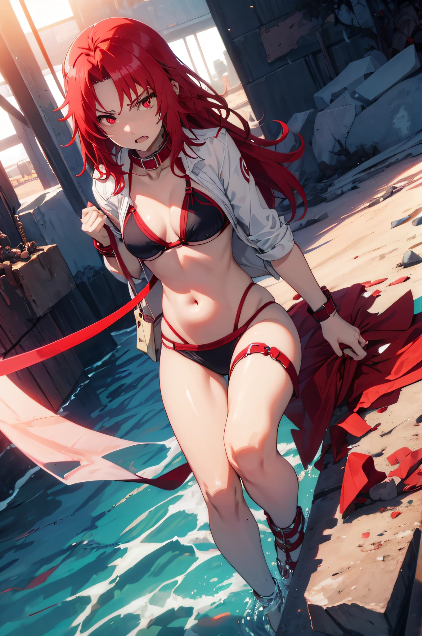 1girl,scared expression open mouth clenched teeth,red hair,red eyes,,sad,despair,,(collar),(leash),,(tied up),(tied wrists),bikini