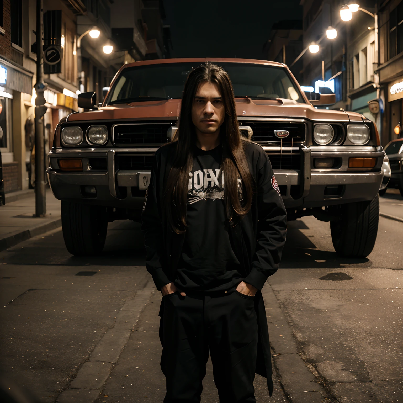 Gangster with gang long hair with 8k quality with guns and many cars
