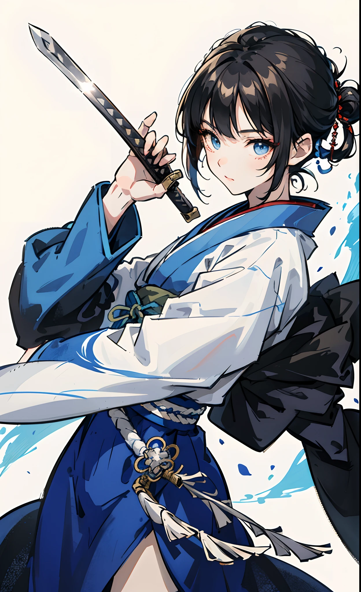Chibi Chara Male Japanese Uniform Blue and White Japan Sword , arma, Short hair hair tie sword, Solo,, Japanese dress, ngel, Hold the gun, katanas, hold Sword, scabbard, , , long-sleeve, , haori, , Hakama, Blue and white kimono, sheathed, full bodyesbian,youth，Deformed Character Two-Headed Mini Character

,,