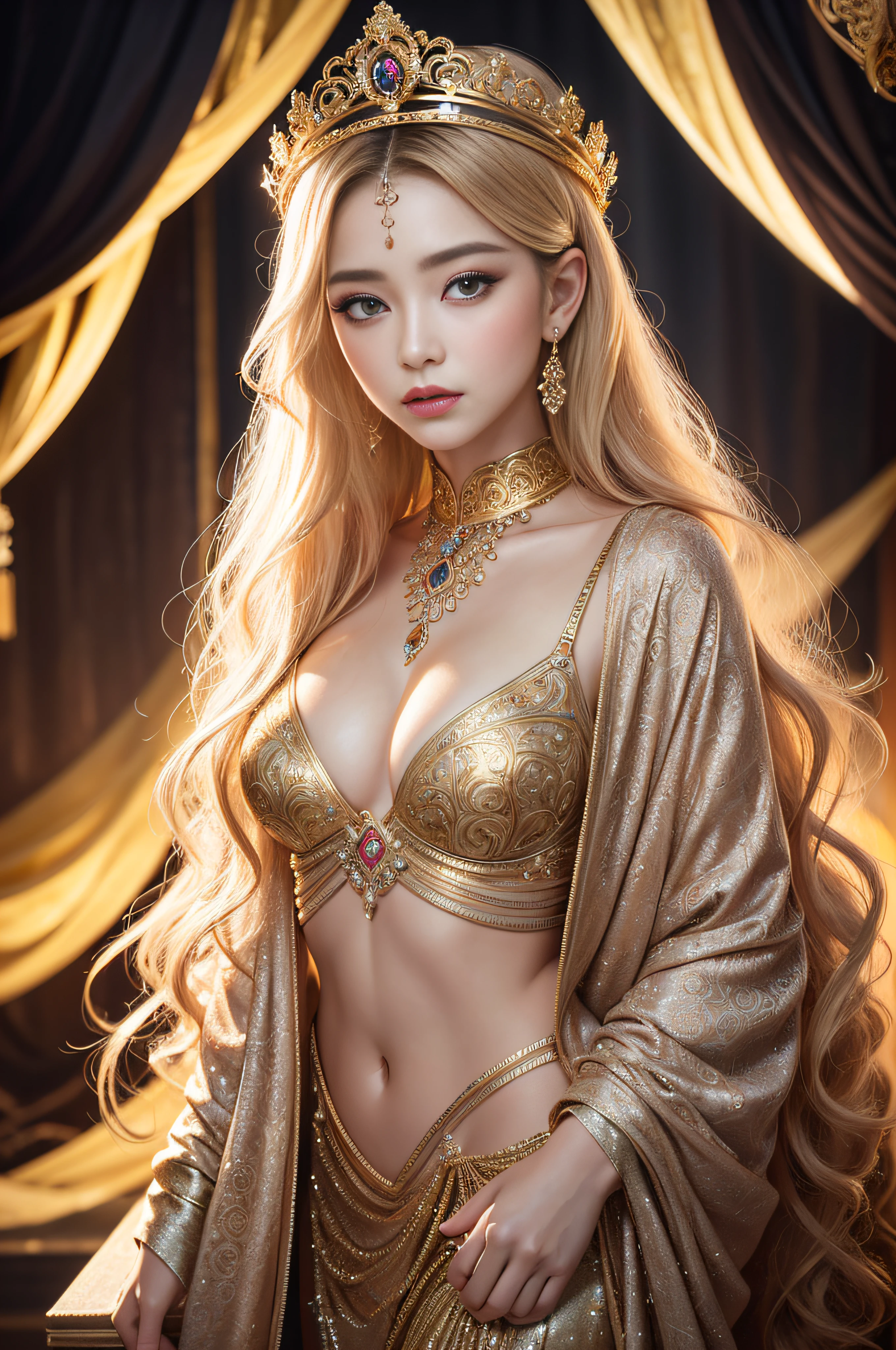 Absurd, ultra-detailed, high quality, masterpiece,  detailed face, beautiful eyes(detailed eyes), Greek mythology, Goddess, Hera , the queen of the gods, striking and captivating, features are classically beautiful, with high cheekbones, a perfectly proportioned face, eyes depicted as large and captivating, hold an intense gaze, golden hair , Gole hair is luxuriant and flowing, cascading down her back in waves , wearing elegant robes adorned with intricate patterns , Her beauty is not merely superficial but embodies the essence of power, authority, and regality., low angle, slim Abs, silhouette lighting, volumetric lighting,