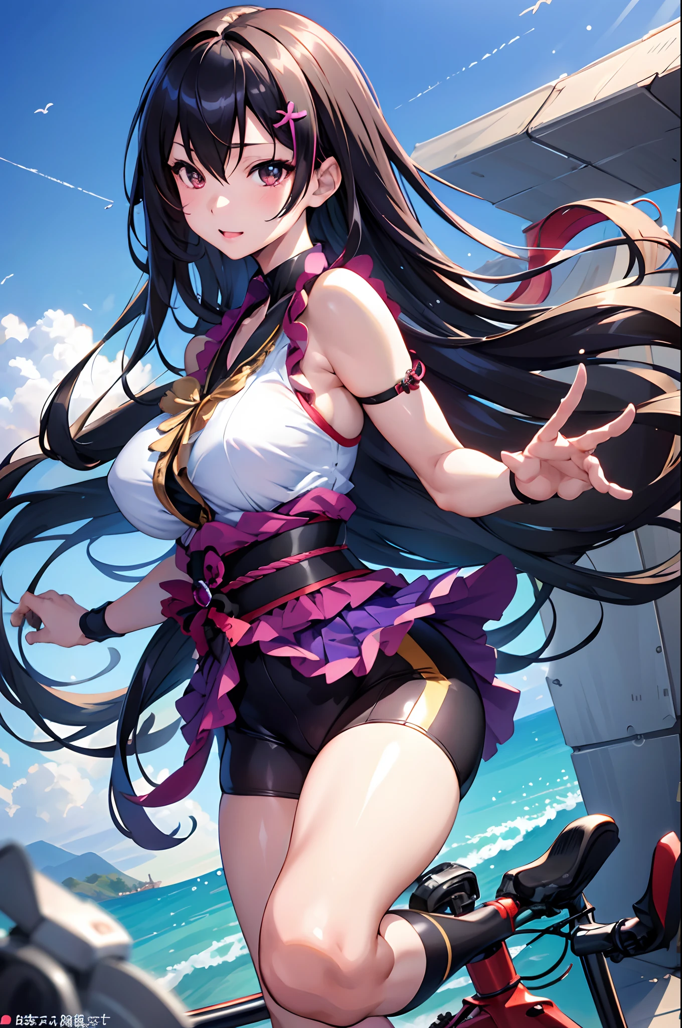 (masutepiece:1.3), (8K, Photorealistic, Raw photo, Best Quality: 1.4), Japanese, (1girl in), Beautiful face, (Realistic face), (Black hair), Beautiful hairstyle, Realistic eyes, Beautiful detailed eyes, (Realistic skin), Beautiful skin, Attractive, 超A high resolution, A hyper-realistic, Highly detailed, Golden ratio,Animated image of girl in uniform riding bicycle and flying in the sky