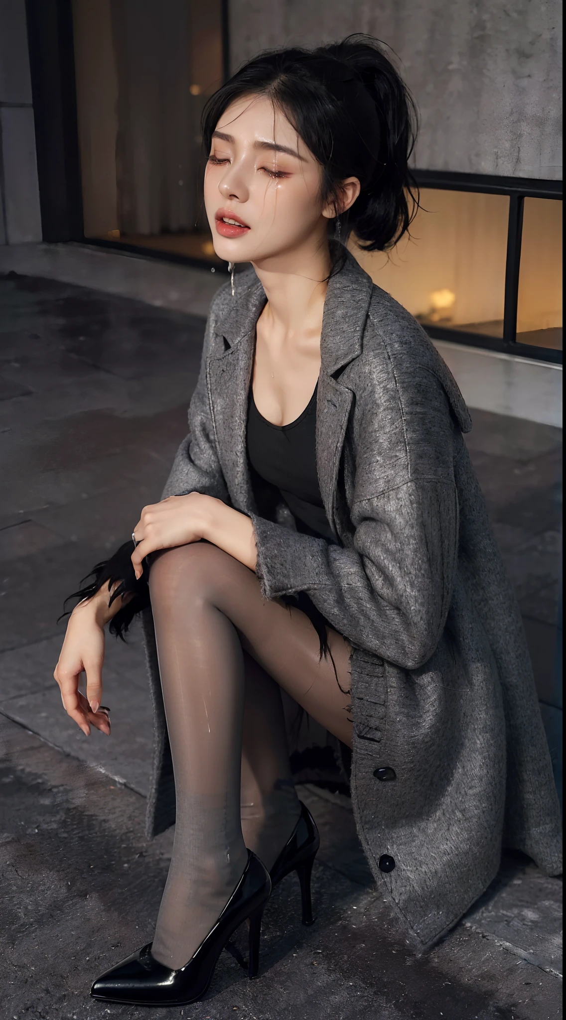 (Small underboob,small heads)), (perfect bodies: 1.1), (shoulder length straight short hair:1.1),(black hair:1.5),(short ponytail:1.3),(极其细致的CG 8k壁纸),(Extremely refined and beautiful),(masterpiece),(best qualtiy:1.0),(超高分辨率:1.9）,[A high resolution],a girl,Pain, panic, fear, crying, tears,(Smooth and flawless fair skin:1.5),(shiny skin:1.5),(Exquisite Makeup:1.3),ultra - detailed ，Elongated legs,(Small breasts:1.1),Flat chest,Slim,emaciated,(torn Grey woolen coat:1.5),(torn black pantyhose:1.4),(high heels:1.3),(late autumn:1.5),in residential areas,high-rise residential buildings,at the building door,(lying flat  on back on ground:1.5),(legs apart:1.3),(female orgasmic:1.3), (blush:1.3),(sweat:1.6),(night scene:1.3),upper body,(cowboy shot:1.3),(close shot:1.3),portrait,from above,Top down overhead camera perspective