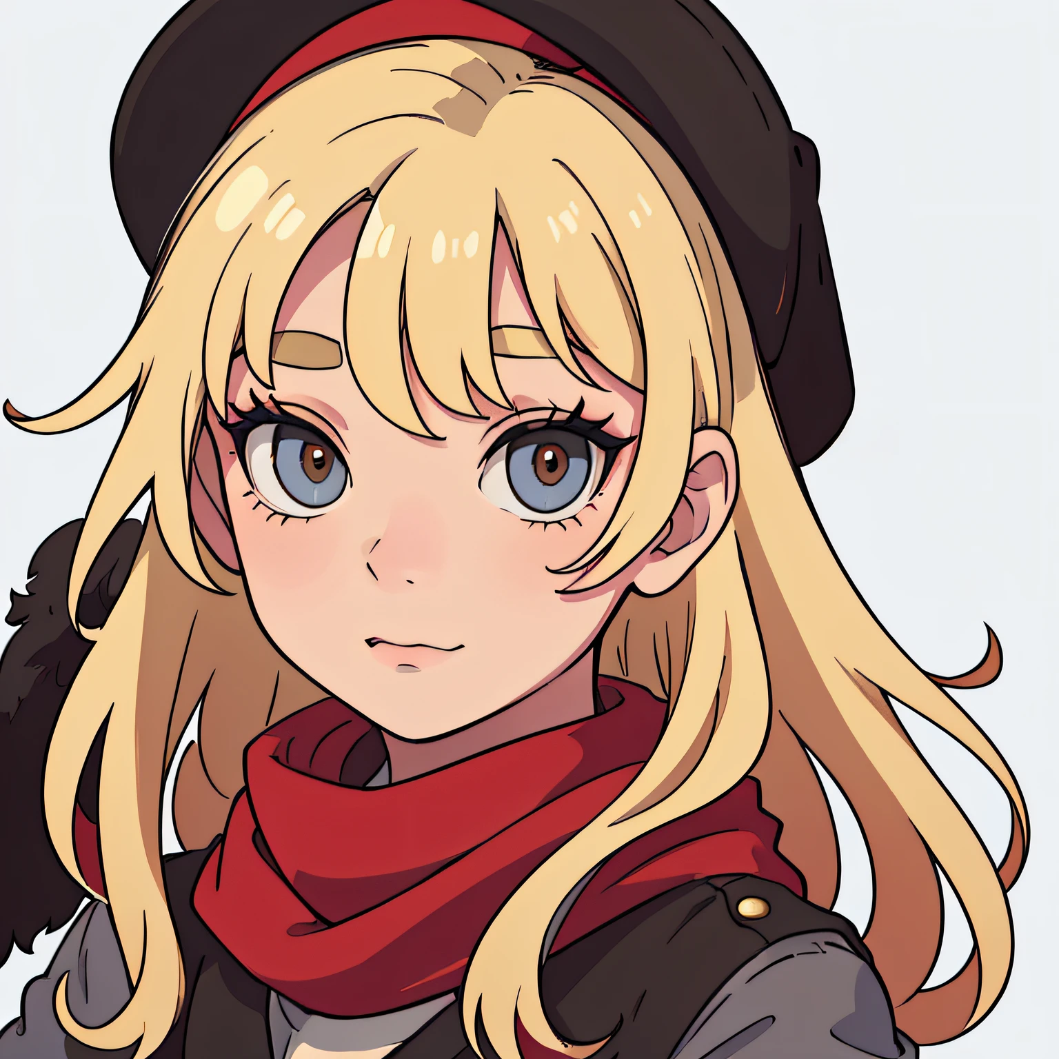 Caucasian woman, blonde hair, cute, black hat, red scarf, facing front