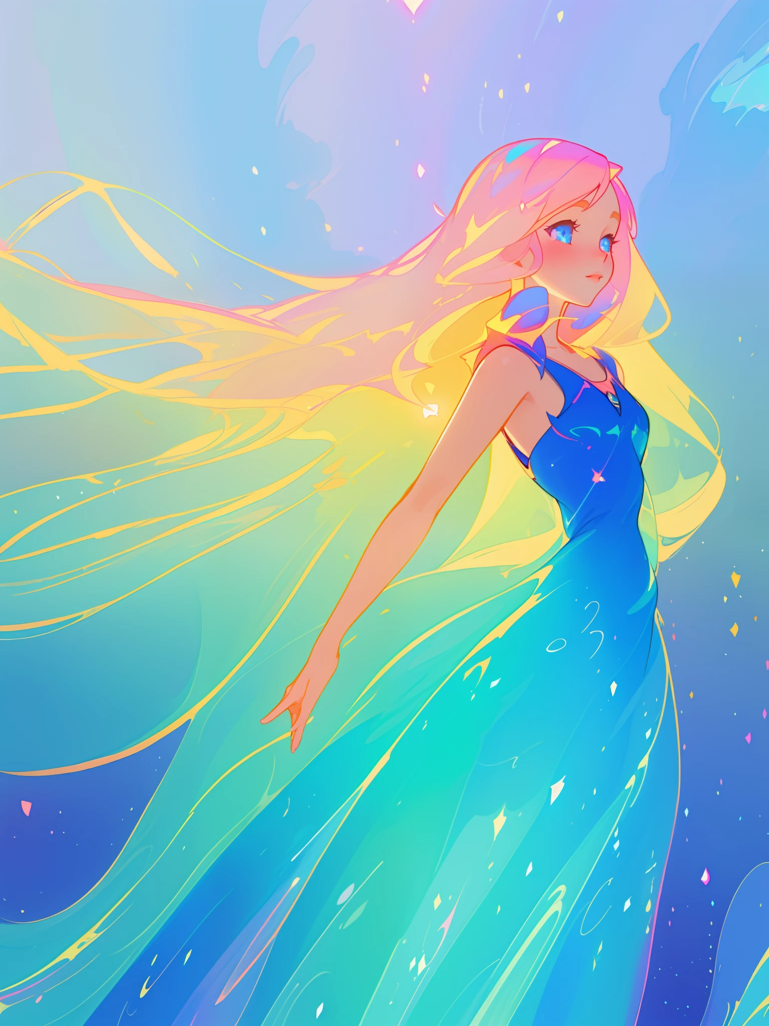 beautiful girl, flowing liquid dress, colorful flowing long hair, vibrant pastel colors, (colorful), magical lights, sparkling magical liquid, inspired by Glen Keane, inspired by Lois van Baarle, disney art style, by Lois van Baarle, glowing aura around her, by Glen Keane, jen bartel, glowing lights! digital painting, flowing glowing hair, glowing flowing hair, beautiful digital illustration, fantasia background, whimsical, magical, fantasy, ((beautiful face)), ((masterpiece, best quality)), intricate details, highly detailed, sharp focus, 8k resolution, sparkling detailed eyes, liquid watercolor