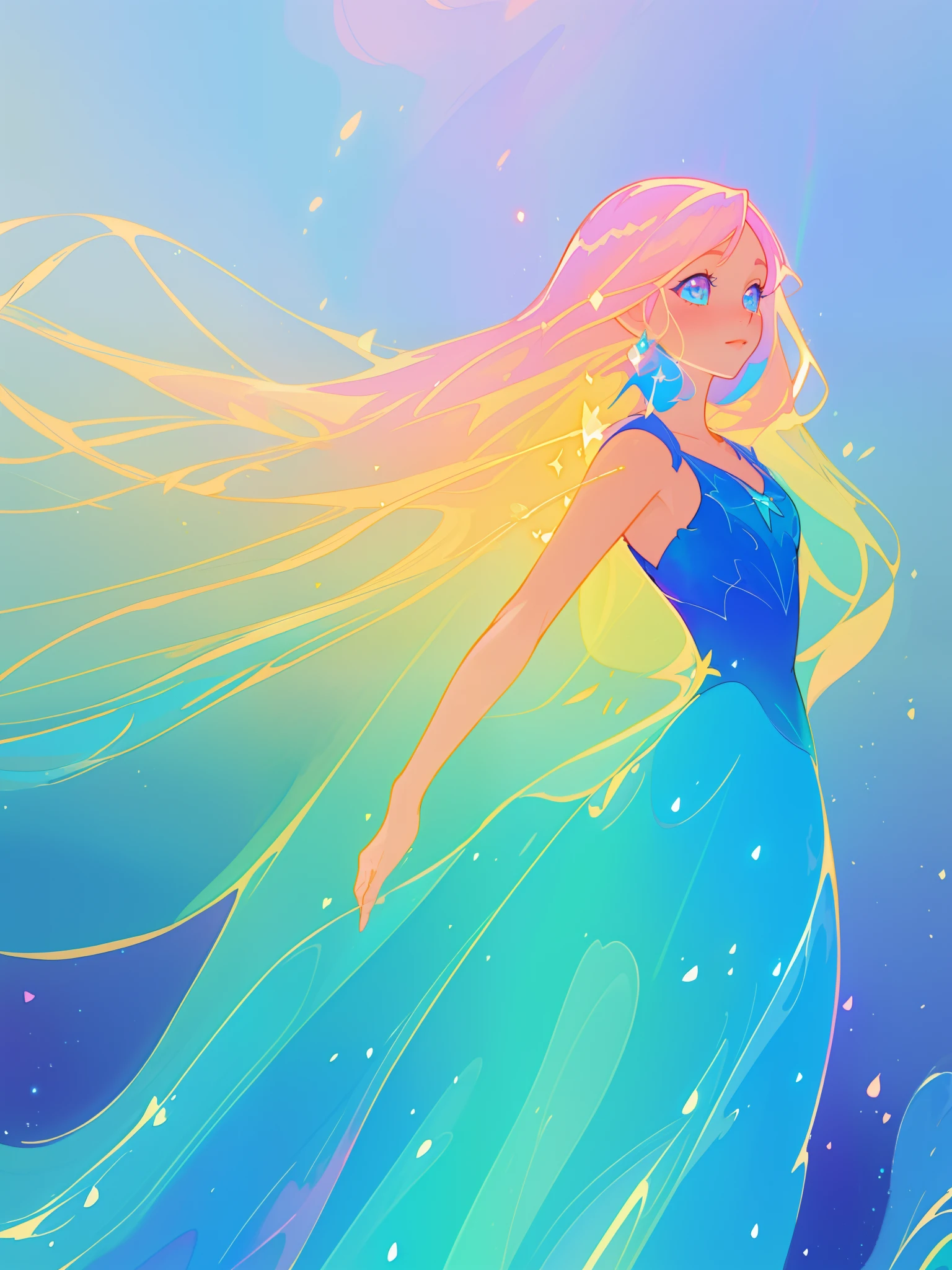 beautiful girl, flowing liquid dress, colorful flowing long hair, vibrant pastel colors, (colorful), magical lights, sparkling magical liquid, inspired by Glen Keane, inspired by Lois van Baarle, disney art style, by Lois van Baarle, glowing aura around her, by Glen Keane, jen bartel, glowing lights! digital painting, flowing glowing hair, glowing flowing hair, beautiful digital illustration, fantasia background, whimsical, magical, fantasy, ((beautiful face)), ((masterpiece, best quality)), intricate details, highly detailed, sharp focus, 8k resolution, sparkling detailed eyes, liquid watercolor