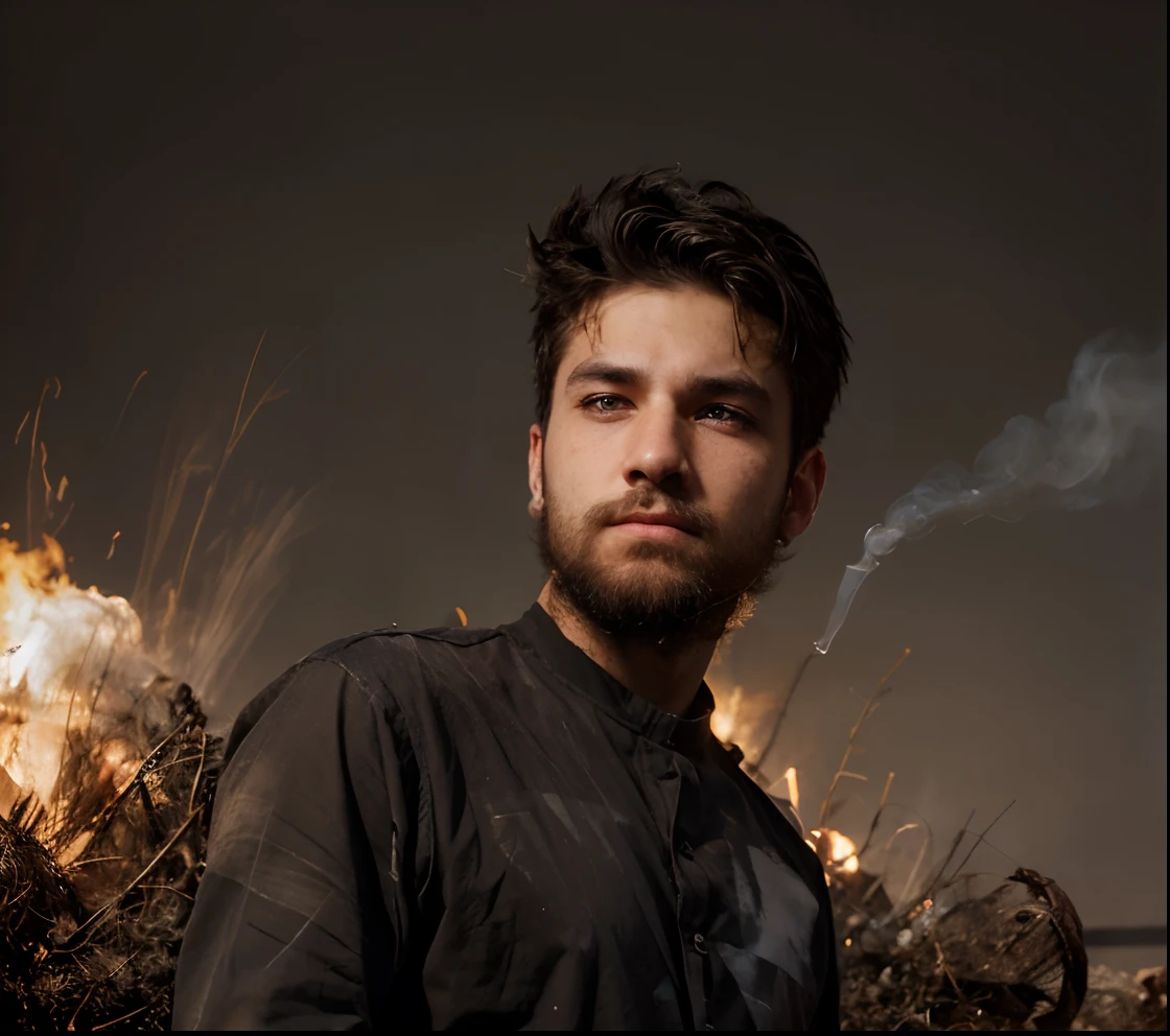 1 boy,age 18, short beard, ALL back hair, smoke, portrait, front view, serious face, Black hair, scar in right eye, Brown eyers, hacker, face Focus, his own very realistic face, black background