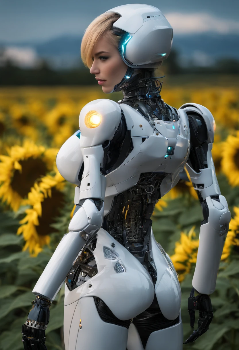 1 girl， ((raised huge round buttocks)), Wide  A sunflower field in full bloom，Back view of a woman in Translucent white thong (underwear),long shot,wide view, commercial photography，award-winning photograph，(photorealistic),unity 8k wallpaper,(ultra detailed:1.3),(light_on_face:1.4)，CanonEOS 5D MarkIV DSLR