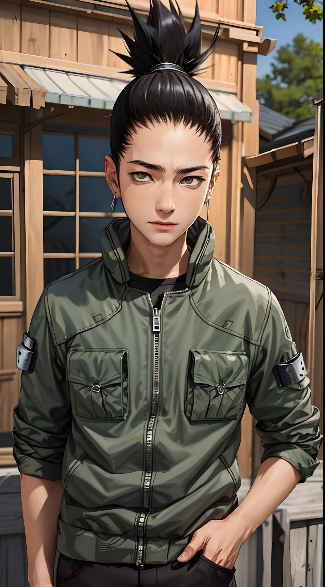 Masterpiece, 1boy, Superb Style, Streetwear chothes, Outdoor, Upper Body, Shikamaru nara, bright eyes, black hair, cool boy