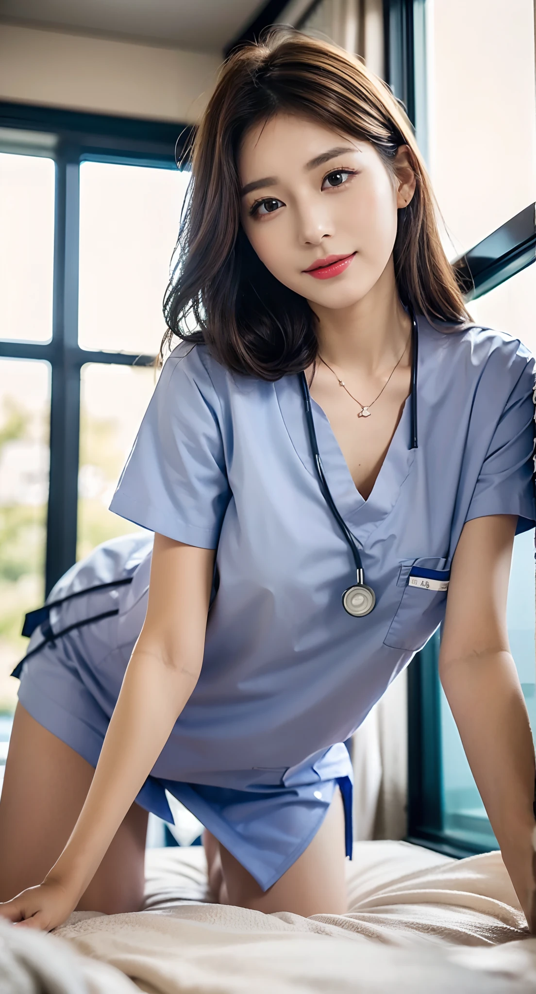 (Very high resolution at 32K, high detailing, highly accurate, masutepiece,a beauty girl1a person,Lori:1.4),Photography & realistic atmosphere,shinny skin,Beautiful skin,fine-grained white skin,Detailed face,Detailed eyes、Very beautiful eyes with azure eyes,Detailed lips、Very beautiful face,Very well-formed face、Lifelike face,shiny beautiful lips,Beautiful eyebrows,Best Natural Makeup,Japan idle,韓国アイドル,Very beautiful nurse woman,Very beautiful girl,(well-shaped breasts、Thighs exposed from nurse's uniform,a necklace:1.5),(Sitting backwards、Wearing a white nurse's uniform, Very cute Japan nurse Beautiful girl,Crawling on all fours in a hospital bed:1.6),(Sexy Nurse Booth:1.5),(Beautiful shortcuts in brown color,Eyes are moisturized,Gentle smile:1.3),Beautiful immature body, Innocence,((photorealisim,camera)),Reality Live Action,Glossy nail art,(beauty legs,camel's foot,Backshots,Turned,超A high resolution,Natural and realistic face,and soft natural lighting,Back lighting,Pure eyes are too cute:1.4)