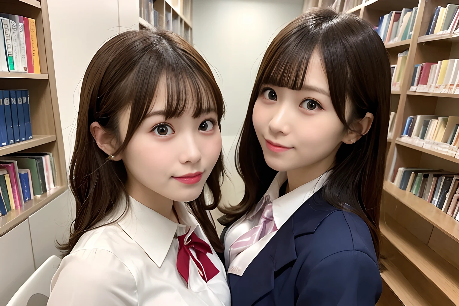 Two busty women are looking at me 22year old japanes Height 145 cm Wearing a school uniform Being between the bookshelves in the library