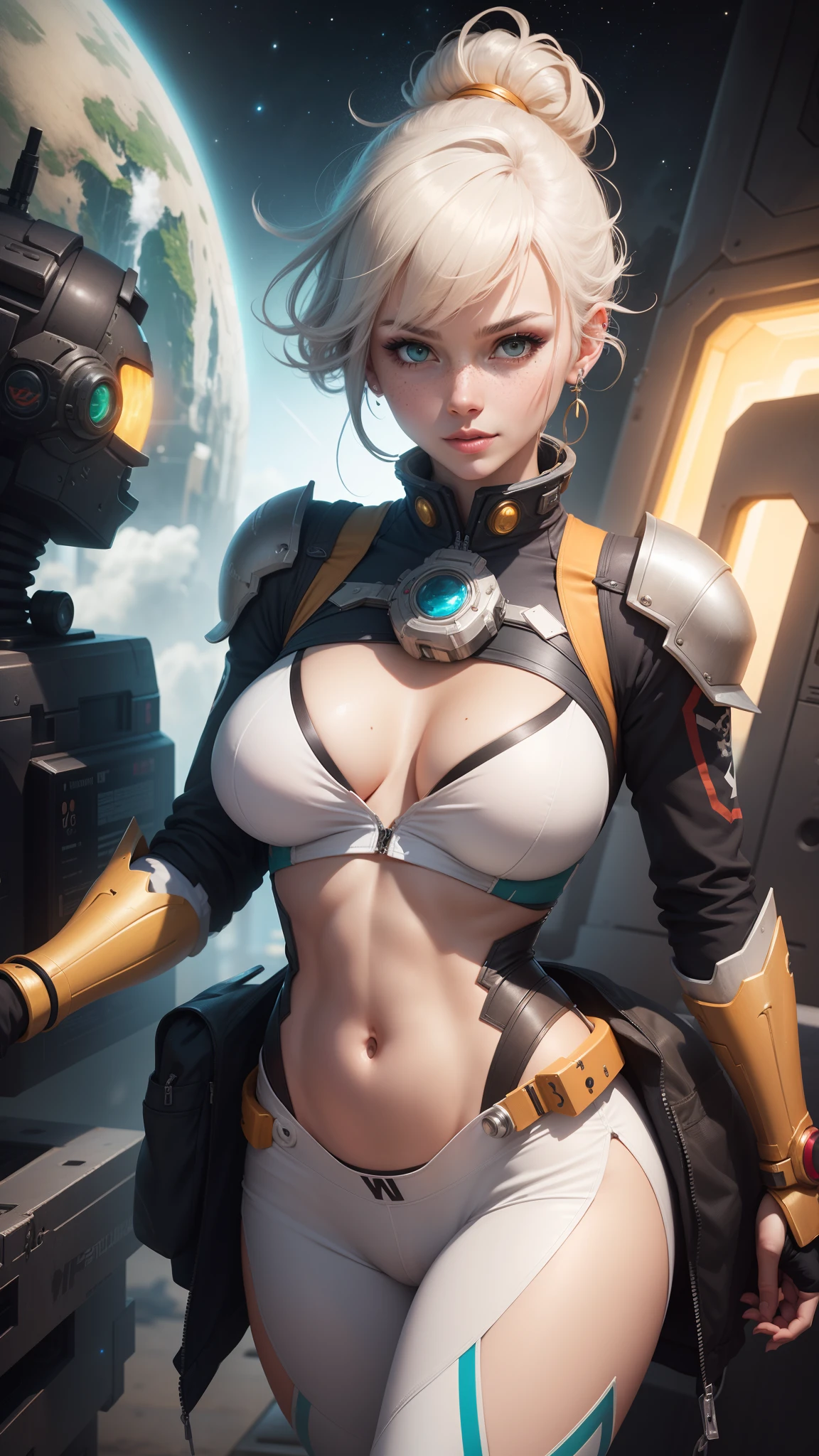 gwen tennyson,ryuuko matoi,y'shtola rhul,tracer,atelier ryza,overwatch,close up,mecha pilot,space port,tattoos,orange and silver plugsuit,white short sleeve lycra top,steel cargo pants,uncovered belly,short hair,cute makeup,green eyes,dimensional golden hair,shy smile,freckles,beautiful girl,large breasts,8k,ultra detailed,realistic,fantasy art,saiyan armor,cyborg armor,steel armor,space ship,pilot uniform,ear piercings,hair pin,super saiyan girl,saiyan female,pilot jacket,