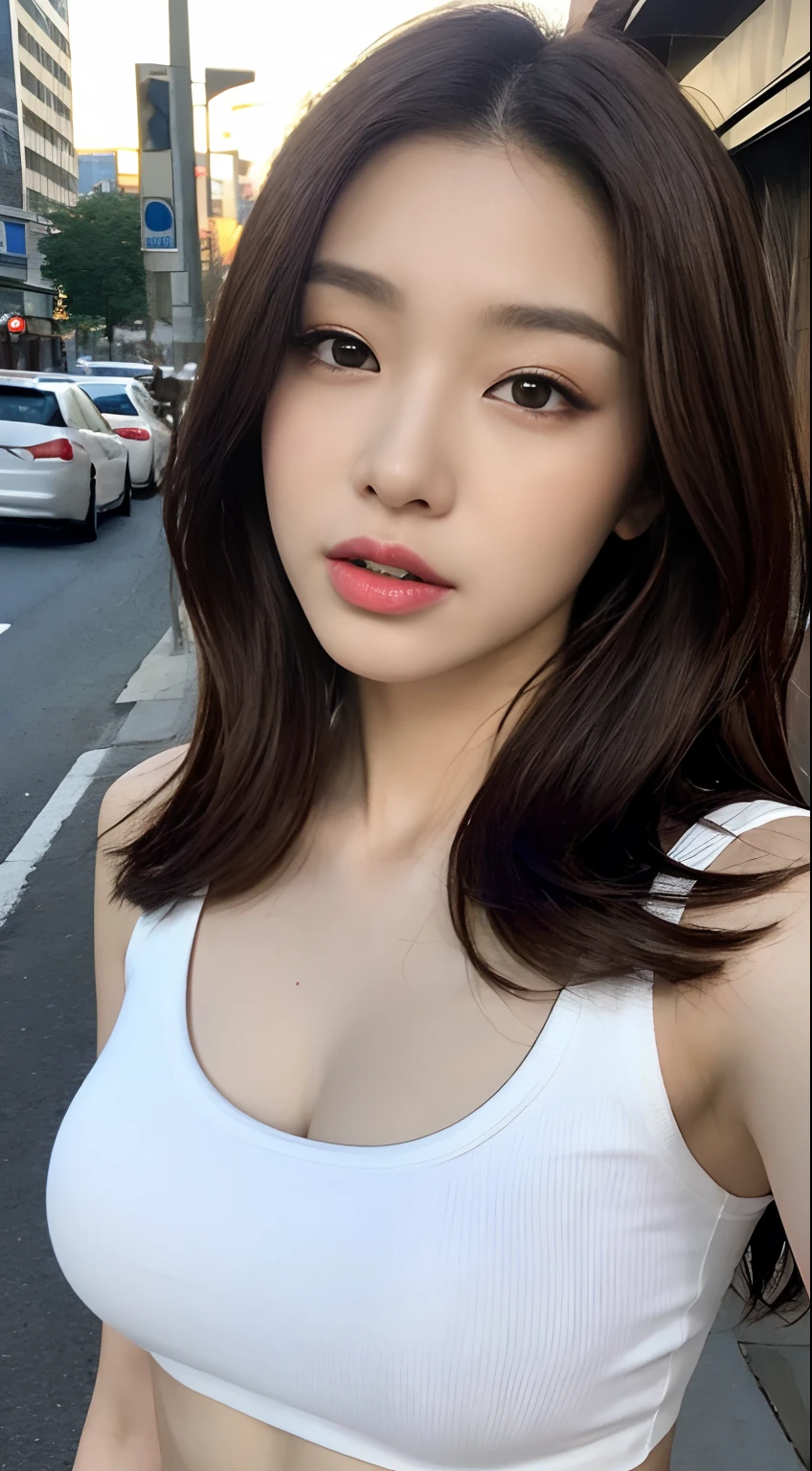 ((Realistic lighting, Best quality, 8K, Masterpiece: 1.3)), Clear focus: 1.2, 1girl, Perfect beauty: 1.4, Big breasts: 1.2, Slim abs: 1.1, ((dark brown hair)), (White crop top: 1.4), (Outdoor, night: 1.1), City streets, Super fine face, fine eyes, Double eyelids,