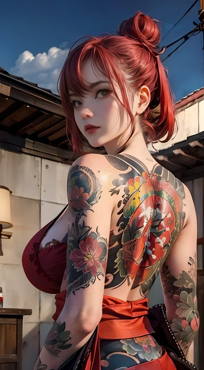 8k, Masterpiece, (photorealistic:1.5), a artistic portrait from behind of ((a yakuza girl) wearing kimono), tattoo on back, expose back tattoo, (dragon tattoo), bare shoulders, huge breast,  beautiful skin, slim fit body, cute face, lovely look, look at viewer, bun red hair with bang, foggy, daylight, skyscape, clouds, cozy and cold atmosphere, dynamic lighting, natural, artistic