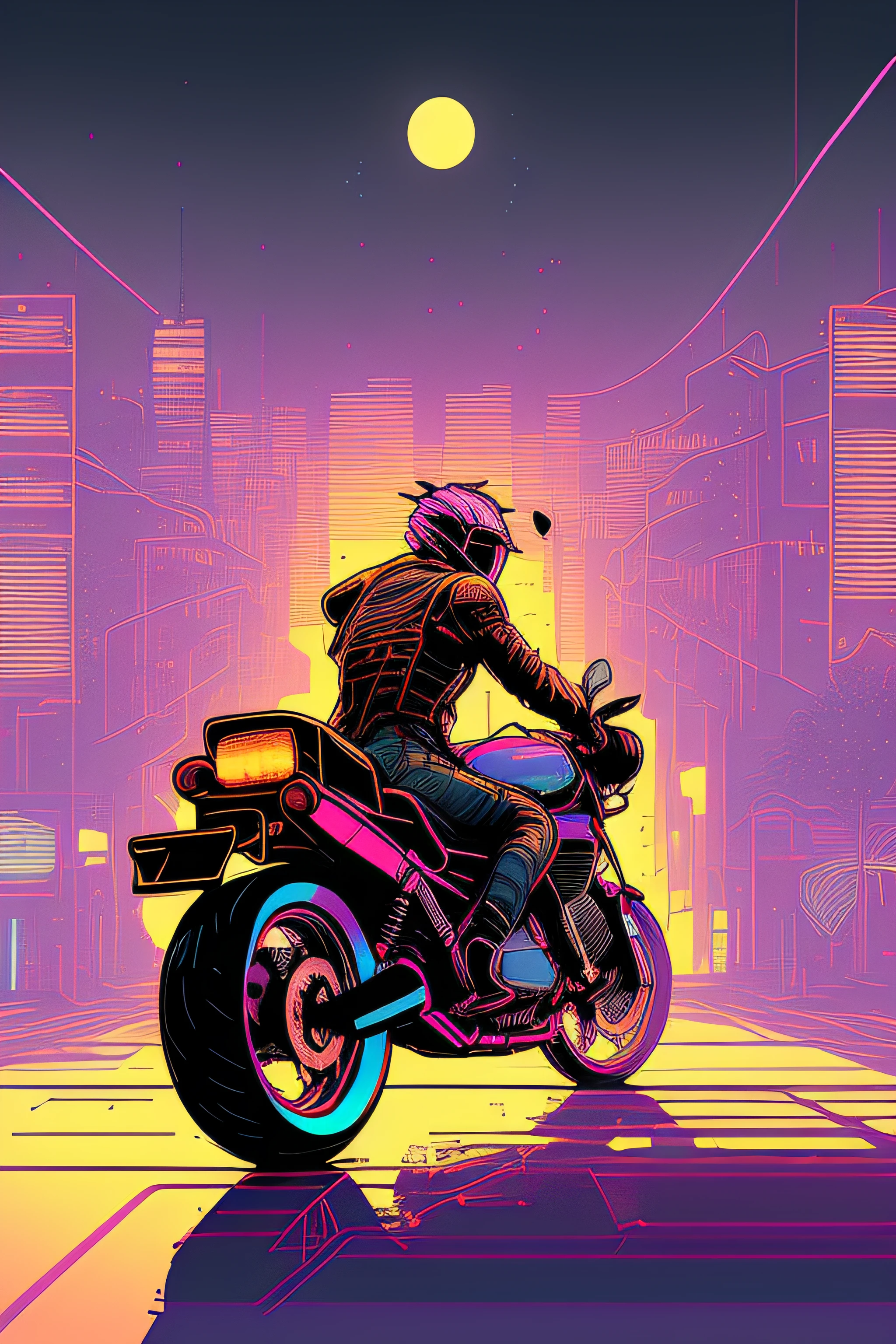 (nvinkpunk:1.2) snthwve style motorcyle, lightwave, sunset, intricate, highly detailed