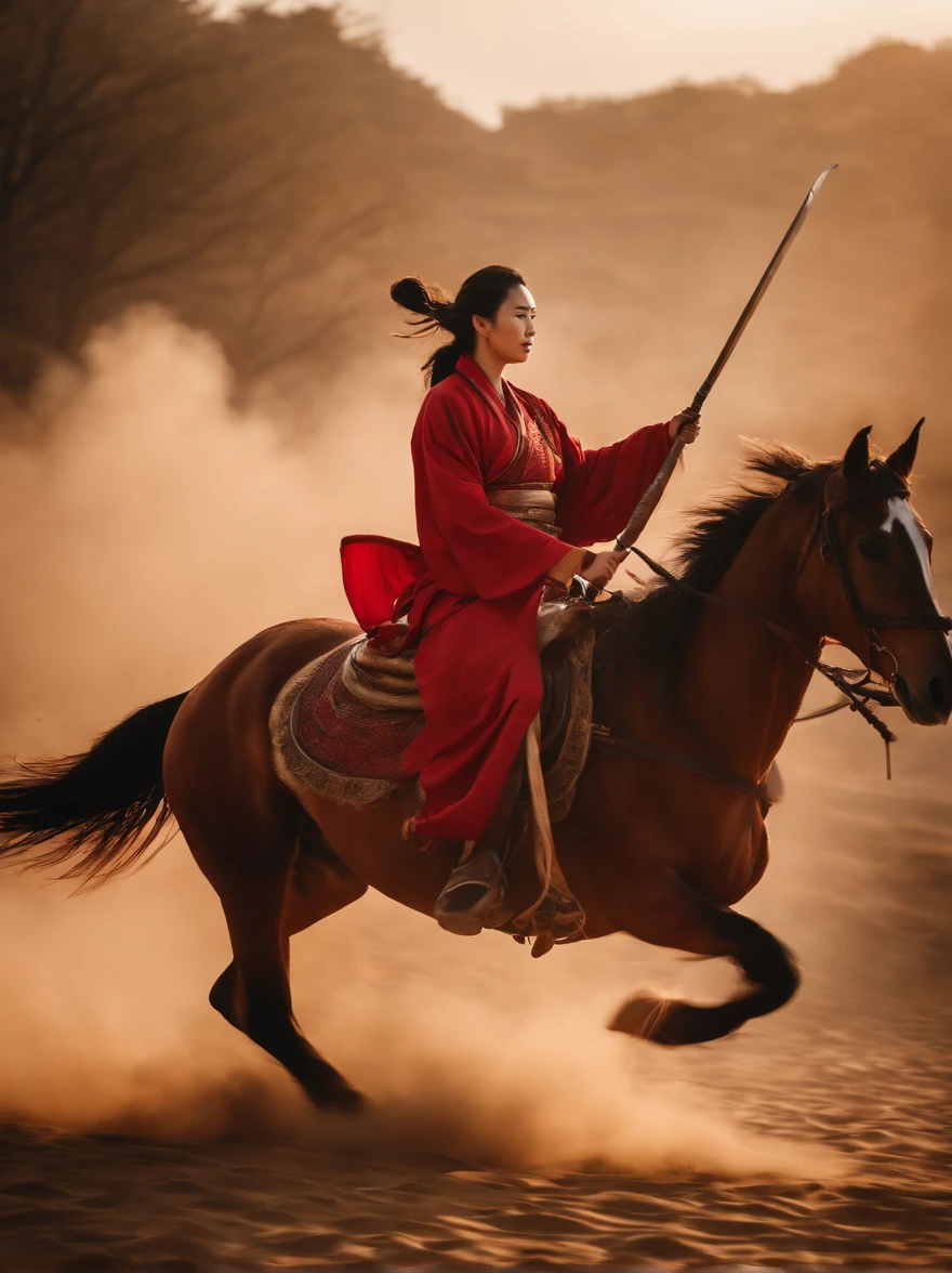 Top image quality、femele、Military general、three kingdom、Red kimono、Holding a spear、Straddling a horse、Brown horse、Best Quality、Soaring sand smoke