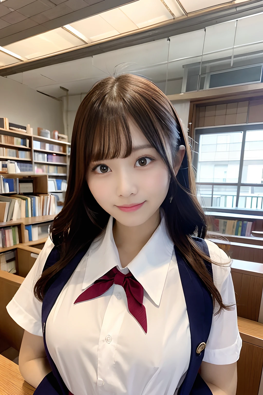 ((top-quality、8K、​masterpiece:1.3))、Pretty women、20 years girl、Fair skin color、K-pop Idol Face、Colossal tits:1、slender figures:1、dark brown hair、(white walls)、(Waitress uniform)、hyperdetailed face、Detailed lips、A detailed eye、二重まぶた、sexy  pose、A smile、Sexy Shots、Raw photo、a 、kawaii faces、Cute