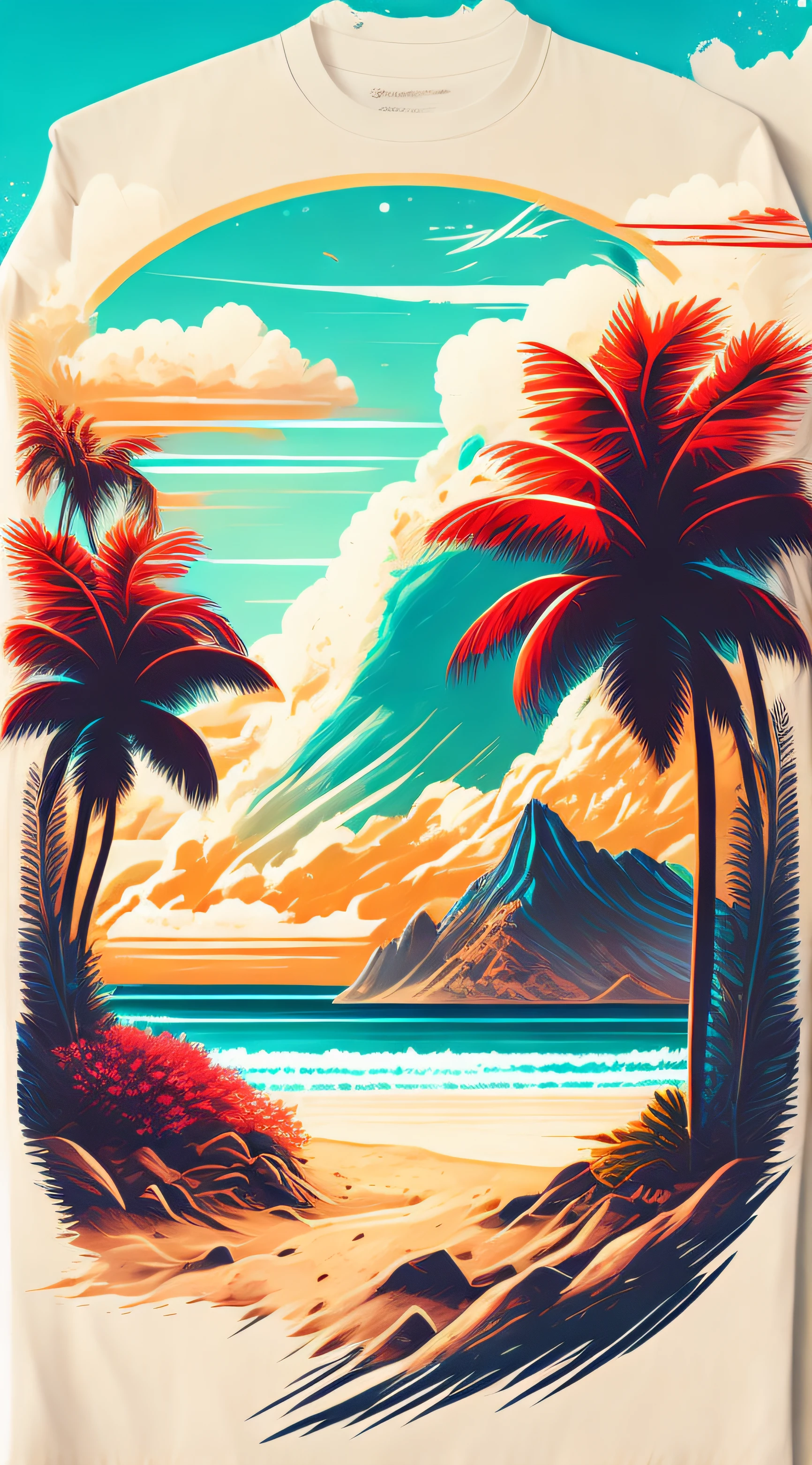 A beach in a summer landscape, T-shirt design, Midjourney, Vector Art, Hydro74