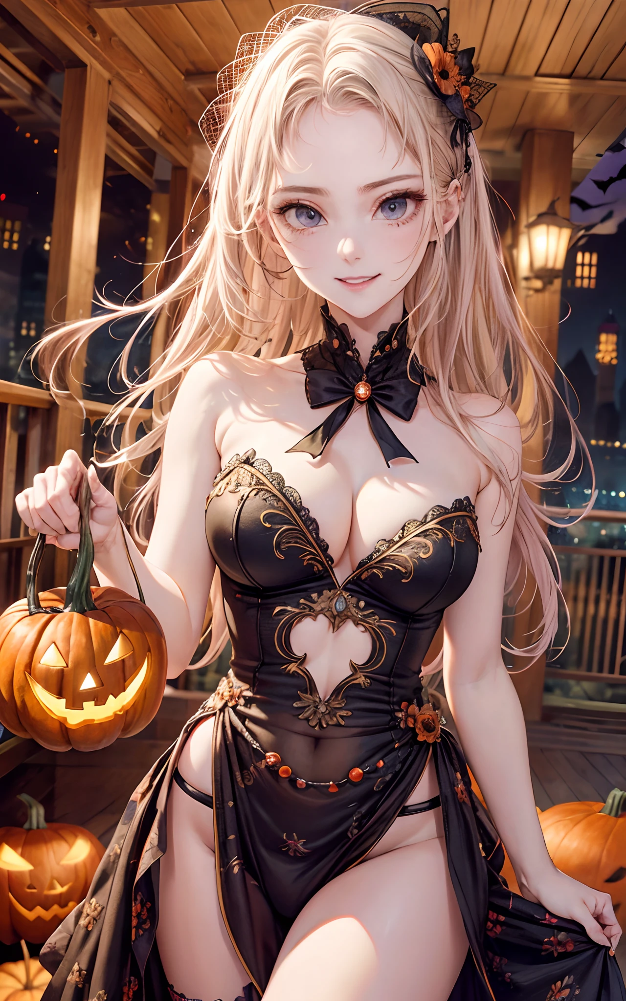 masutepiece,8K,(Lifelike,hight resolution:1.3), 1 girl with a perfect body, super fine face and eyes,nffsw, masterpiece, hightquality, high detailing, top-quality, Hi-Res, hard disk, 16 K, 8K,surrealism, 真实感, depth of fields, 电影灯光, Back lighting, F/1.8, Eye level shots, 35 mm, Hasselblad, extremely delicate and beautiful, ighly detailed, astonishing、finely detail, masterpiece, top-quality, Official art, a beautiful detailed girl、(cowboy shot:1.25)、(Serious smile:1.35)、extremely detailed eye and face、beatiful detailed eyes、Facial light、18year old、(Halloween Cosplay:1.3)、(Fantasy themed clothing:1.3)、Detailed clothing、(Straight hairstyle:1.2)、detailed hairs、(slender:1.15)、(huge-breasted:1.25)、perfectly proportions、(Pumpkin Ghost:1.25)、细致背景、(looking at the viewers、Facing your audience:1.15)、(Seductive Model Pose)、leaning-forward、Lots of lanterns、Dark atmosphere at midnight、