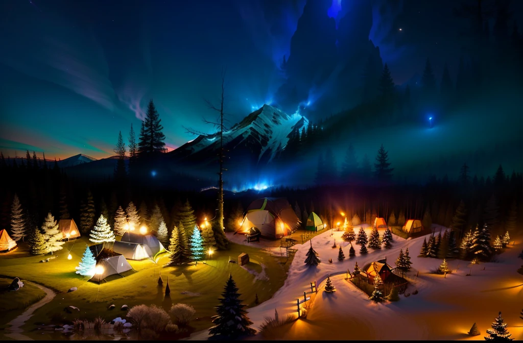 campsite natta Lit up in woods Fantastical