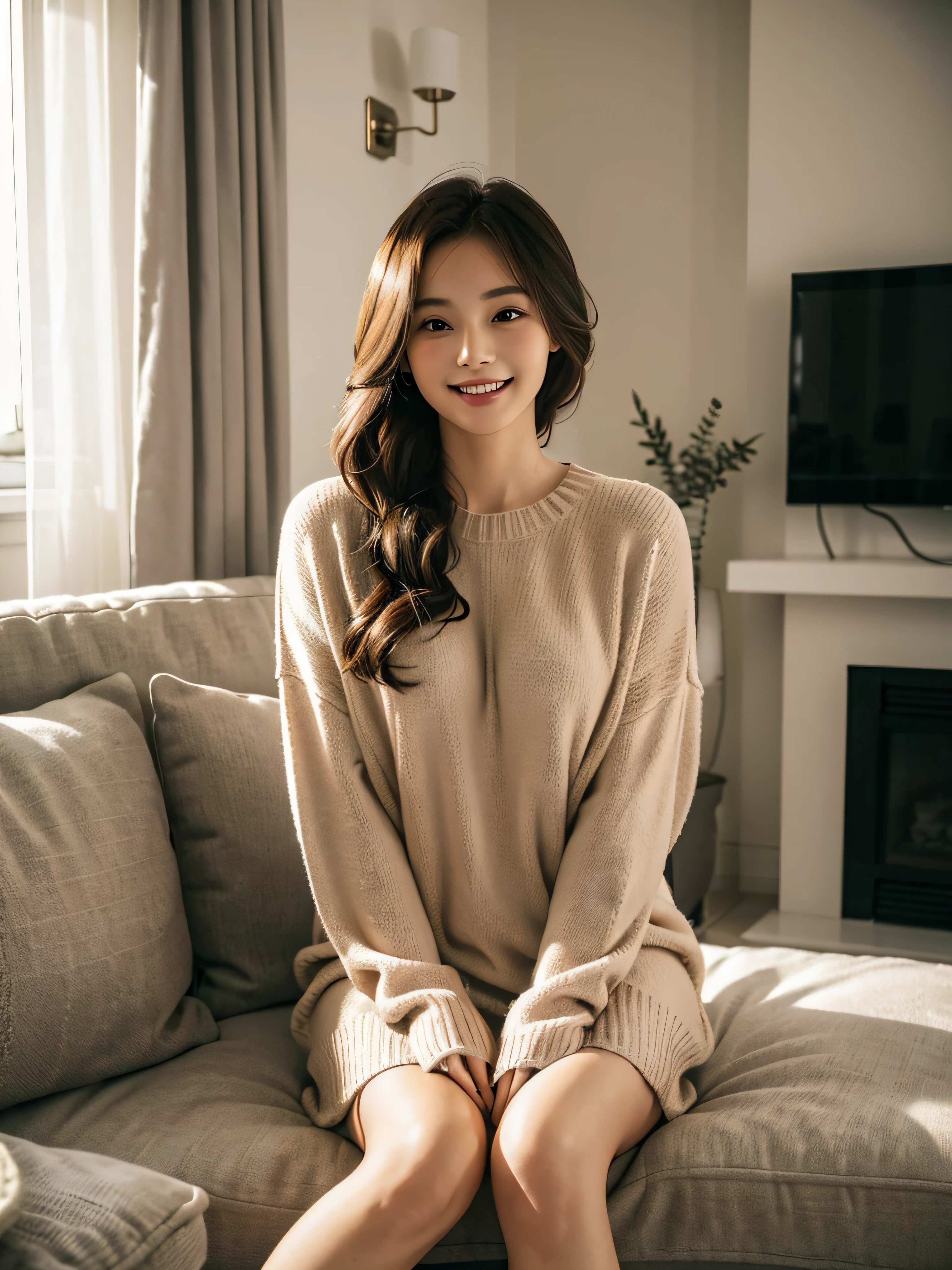 A girlfriend,Draped with hair,Wear a sweater,Pajamas,Sitting on the living room sofa,The house is small fresh design style,The lights are warm,Simple,Fashionab,extreme detail,Very detailed,realisticlying, comfort and lovely welcoming smile,