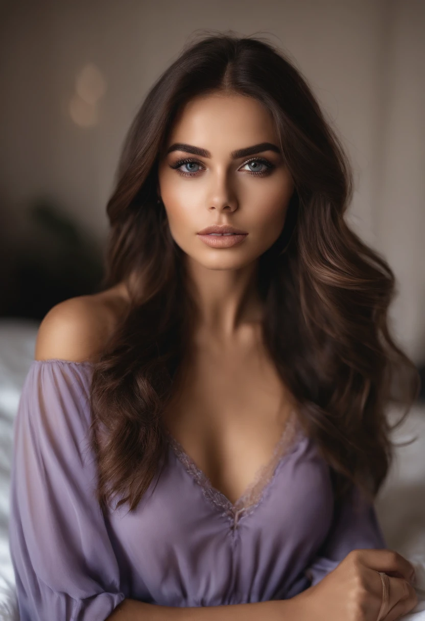 Arafed woman completely , fille sexy aux yeux bruns, ultra realist, Meticulously detailed, Portrait Sophie Mudd, cheveux bruns et grands yeux, selfie of a young woman, Dubai Eyes, Violet Myers, sans maquillage, maquillage naturel, looking straight at camera, Visage avec Artgram, Maquillage subtil, Great photo of the whole body kneeling on the bed, dans la chambre, Medium to large bust