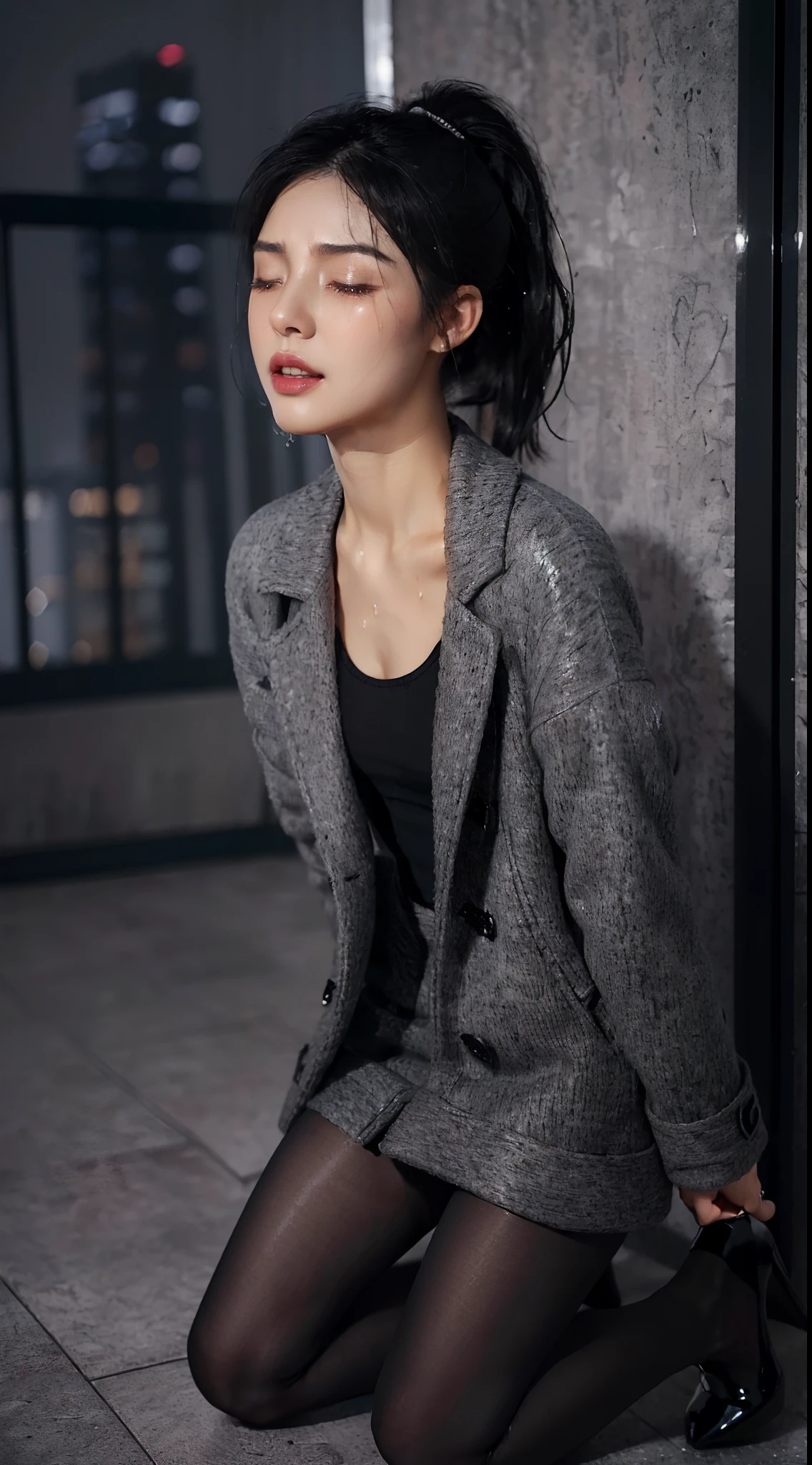 (Small lower chest,small heads)), (perfect bodies: 1.1), (Straight hair at shoulder length:1.1),(Black hair:1.5),(short ponytail hair:1.3),(极其细致的CG 8k壁纸),(Extremely refined and beautiful),(Masterpiece),(best qualtiy:1.0),(超高分辨率:1.9）,[A high resolution],A girl,(painful:1.3), (Panic:1.3), (fear:1.3),(Crying:1.5), (Tears:1.5),(closing her eyes:1.3),(Open mouth:1.2),(Smooth and flawless fair skin:1.5),(Shiny skin:1.5),(Exquisite makeup:1.3),ultra - detailed ，Elongated legs,(Small breasts:1.1),Flat chest,Slim,emaciated,(Torn gray wool coat:1.5),(Torn black pantyhose:1.4),(High heels:1.3),(Late autumn:1.5),In a residential area,High-rise residential building,At the door of the building,(Kneeling:1.5),(female orgasmic:1.3), (Blush:1.3),(Sweat:1.6),(Night scene:1.3),Upper body,(Cowboy shot:1.3),(Close Shot:1.3),Portrait