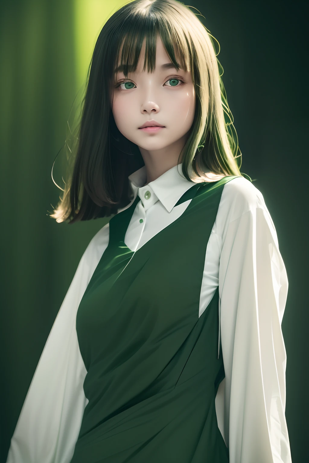 Best Quality, masutepiece, High resolution, (((1girl in))), sixteen years old,((Dark Green Block Dress,White Shirt Inner:1.3)), Tindall Effect, Realistic, Shadow Studio, Rim lighting, dual-tone lighting, (High Detail Skins: 1.2) Digital SLR, Photo, High resolution, 4K, 8K, Background blur,Fade out beautifully