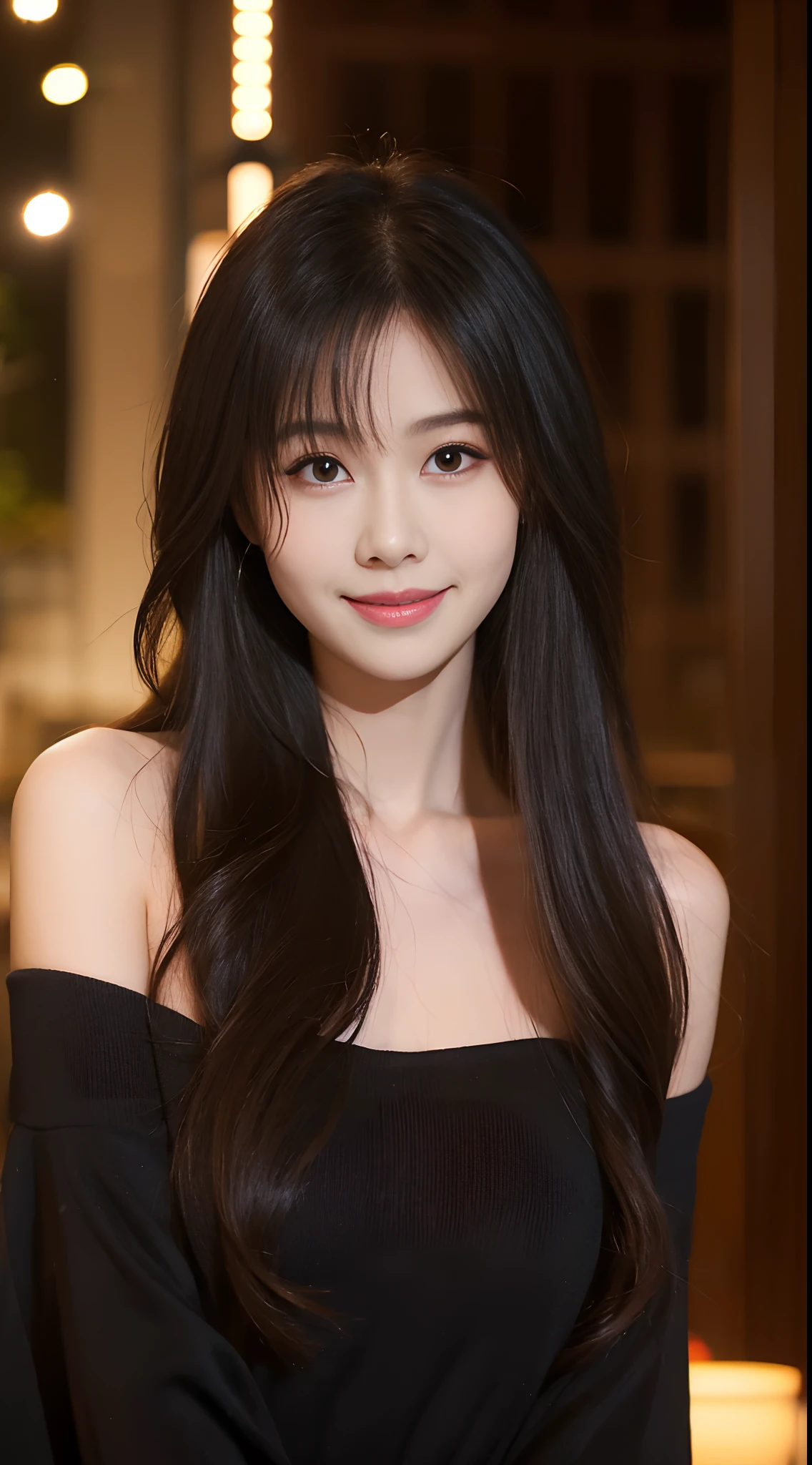 Very detailed目, Very detailed顔, Highest quality ,Tabletop, Very detailed, Super detailed, (Realistic, Photorealistic:1.3), smile, (Look forward), View your viewers, Black Shirt, One Girl , long body、Thin body type、Big breasts and small waist、At the office、Cleavage、Slim face、Smart Yes、
