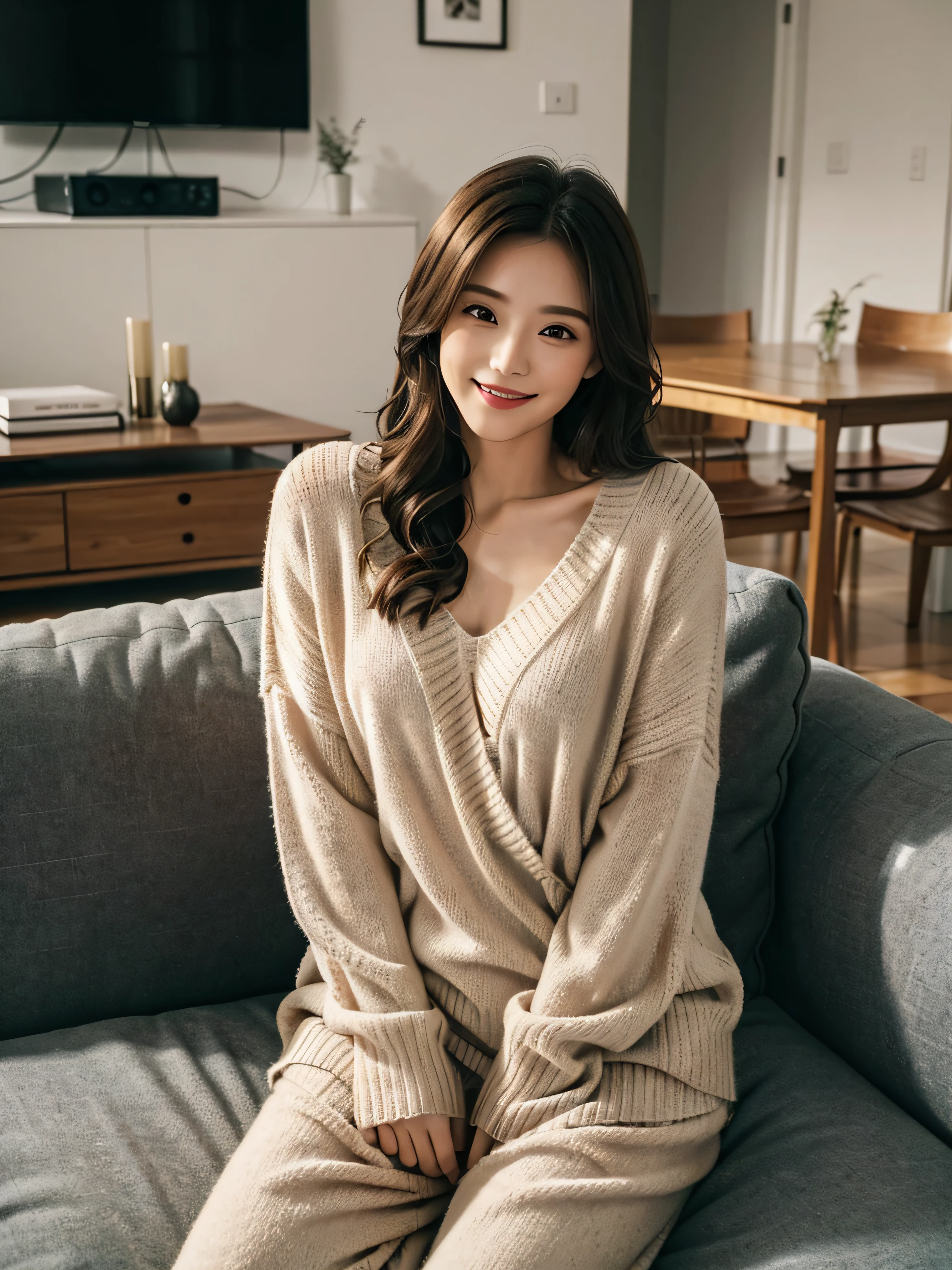 A girlfriend，Draped with hair，Wear a sweater，Pajamas，Sitting on the living room sofa，The house is small fresh design style，The lights are warm，Simple，Fashionab，extreme detail，Very detailed，realisticlying, comfort and lovely welcoming smile,