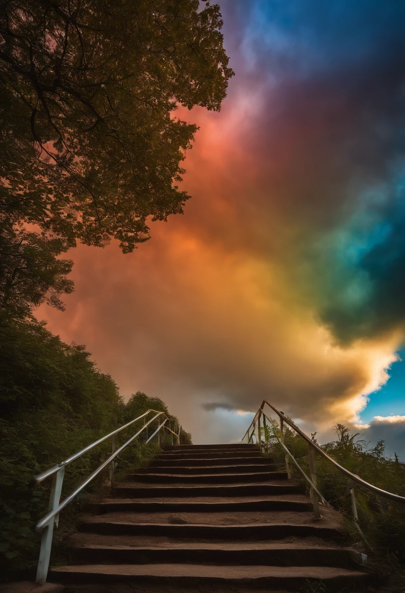 Close-up of the stairs leading to the rainbow sky, stairway to heaven, A very colorful heaven, stairs from hell to heaven, Leading to the Sky, Rainbow clouds, Colors of Heaven, Rainbow Trail, Colorful sky, Rainbow clouds, Heaven!!!!!!!!, rainbow, Rainbow colors, Psychedelic sky, In beautiful colors, Irridescent color, colorful dream, colorful skies