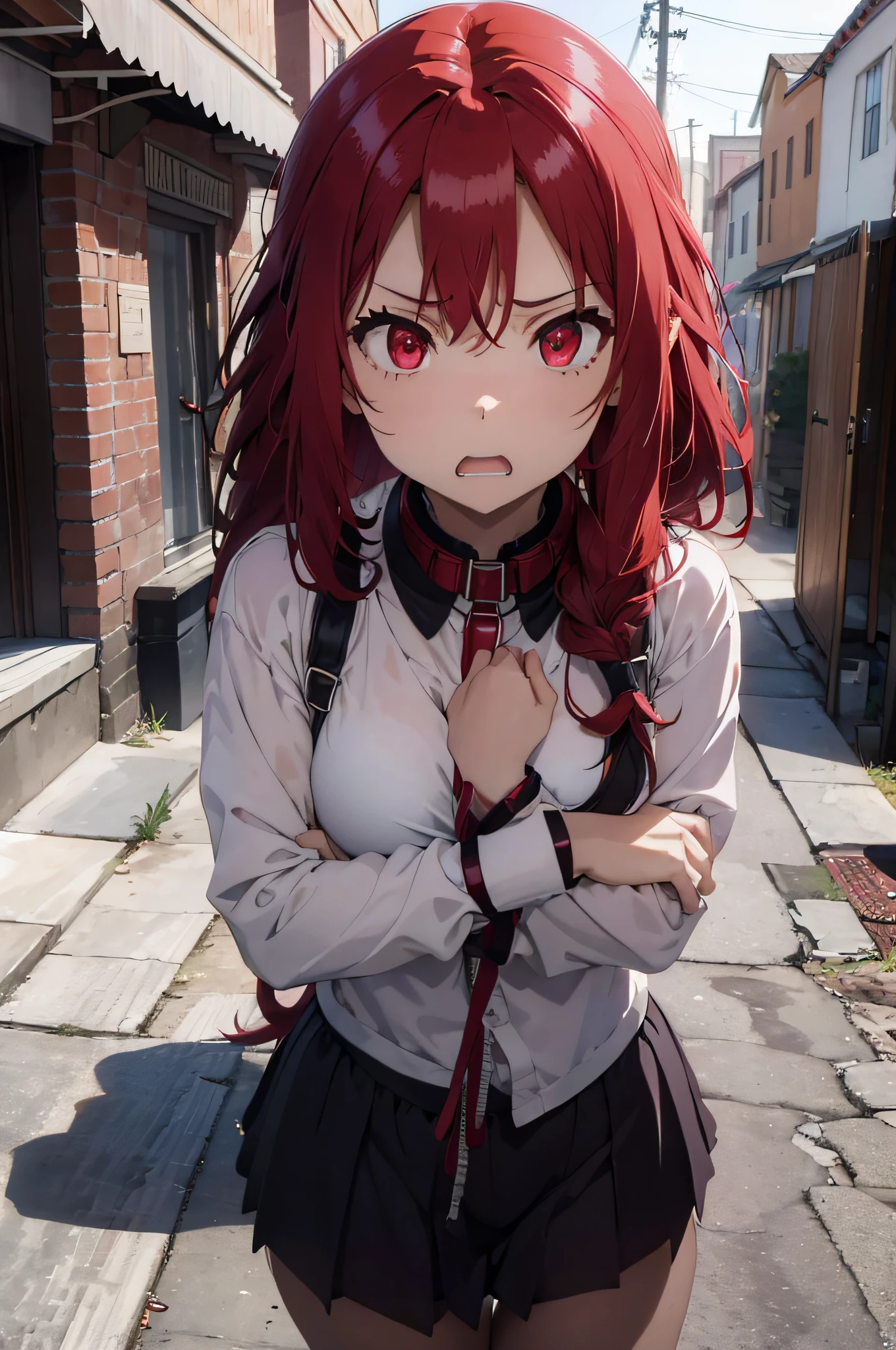 1girl,scared expression open mouth clenched teeth,red hair,red eyes,,sad,despair,,(collar),(leash),,(tied up),(tied wrists),bikini