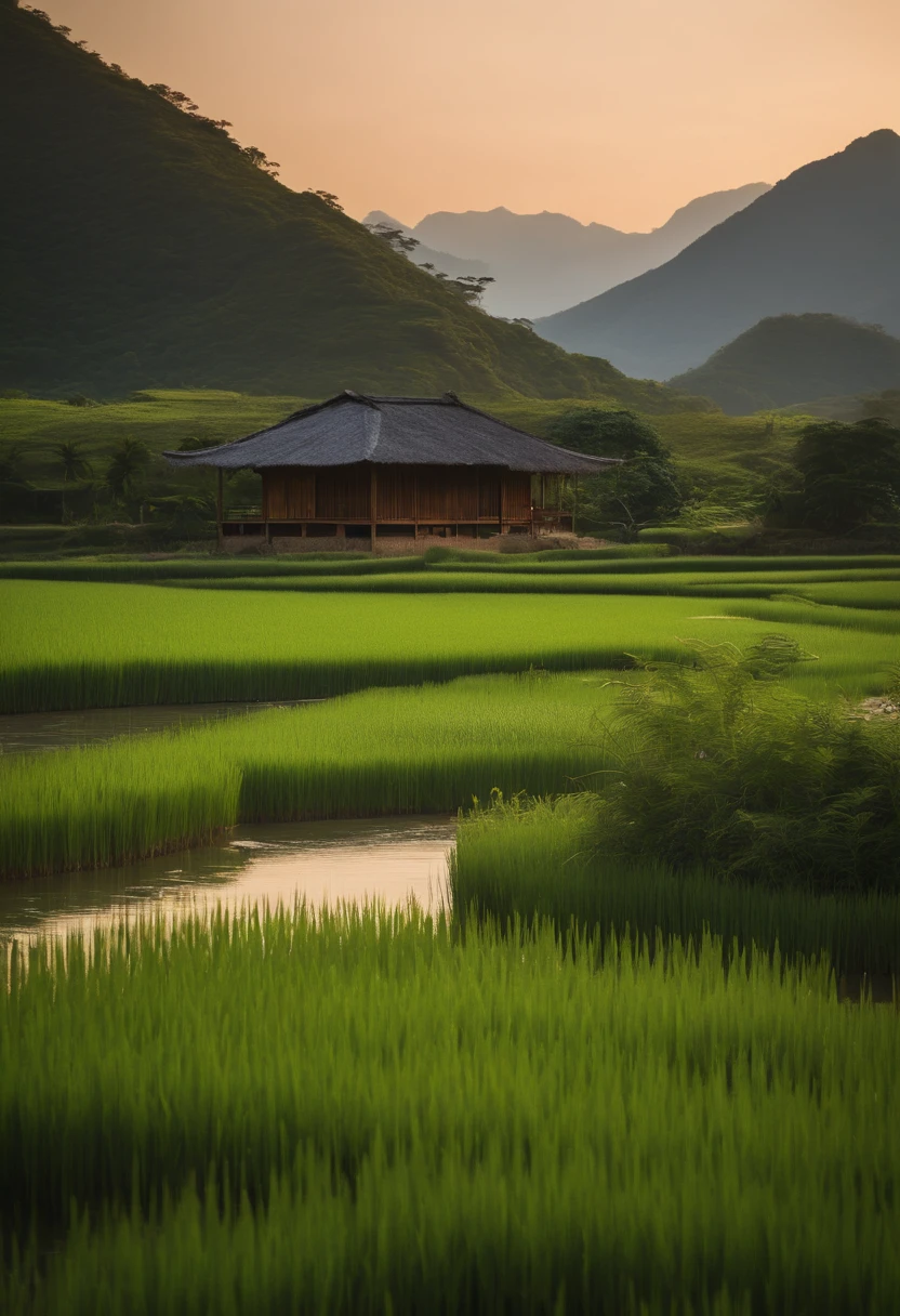 Create an oil painting that captures the serene beauty of a provincial life at sunrise. In the background, paint a range of majestic mountains bathed in the gentle hues of the early morning light. Above the mountains, depict a soft, pastel-colored sky as the sun rises.

In the foreground, place a picturesque kubo house, traditional to rural areas, surrounded by lush vegetation and gardens. Show the kubo in warm, earthy tones, with intricate details highlighting its thatched roof and bamboo walls.

To the side of the kubo, paint a scene of farmers in the fields, knee-deep in water, meticulously planting rice in neat rows. Their clothing should reflect the simplicity of rural life, and the fields should be teeming with vibrant, green rice shoots.

In the sky above, capture the grace of birds in flight, their wings spread wide as they soar over the fields and the kubo. These birds should symbolize the connection between nature and the local community, their presence suggesting a harmonious coexistence.

Overall, aim to create a tranquil, timeless representation of a provincial life, celebrating the beauty and serenity of the countryside, where nature and humanity are intricately interwoven