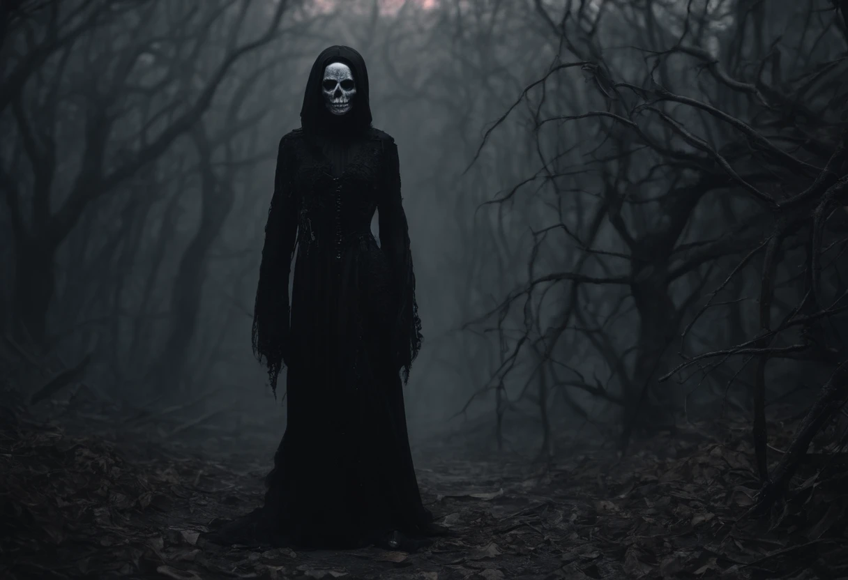 a creepy looking ghost in a dark forest, horror fantasy art, dark fantasy horror art, just art for dark metal music, fantasy horror art, detailed 4k horror artwork, dark fantasy artwork, eerie and grim art style, dark fantasy art, horror artwork, horror art, fantasy dark art, grimdark art, horror concept art, elegant horror artwork