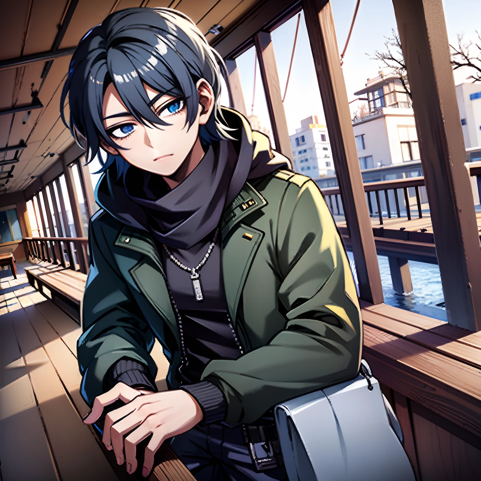 Anime - imagem de estilo de um homem sentado em um deck de madeira, cabelo e olhos azuis, jovem homem de anime, anime moe artstyle, pose de anime bonito, homem bonito anime, arte anime de alta qualidade, 2 d estilo anime, Retrato anime de um homem bonito, estilo anime masculino, cara de anime alto com olhos azuis, retrato estilo anime, estilo anime 4K, personagem de anime masculino, Digital anime illustration