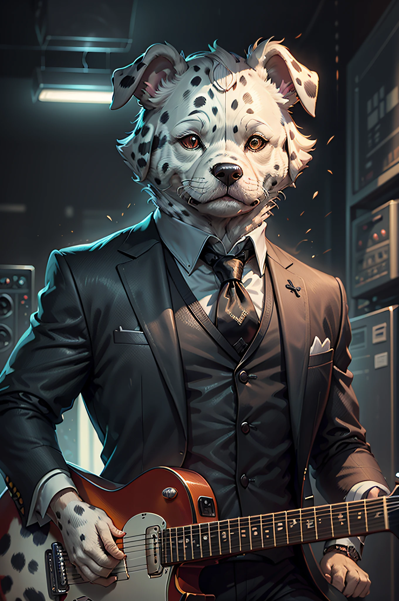 (Man in black suit and tie)Cartoon playing electric guitar、Anthropomorphic lop-eared Dalmatian dog