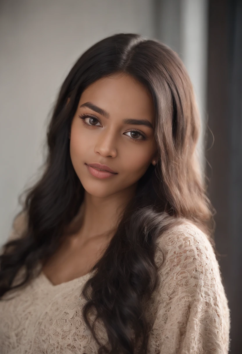 1 black girl 20 year old, long wavy black hair, looking at viewer, bare shoulders, eyes reflections of light, jewelry, photo realistic, nose, flirting with camera, discreet smile, face only, geek bedroom background, sweater
