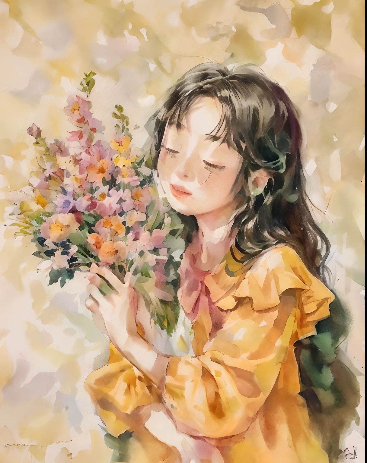 painting of a girl holding a bunch of flowers in her hands, com flores, holding magic flowers, com flores amarelas ao redor, No estilo de arte de Bowater, Directed by: Ni Duan, pintura realista da bonito, Segurando flores, menina menina animesol bonita, flores nas bochechas do herdeiro, por Mei Qing, arte tradicional, Directed by: Nil Gleyen